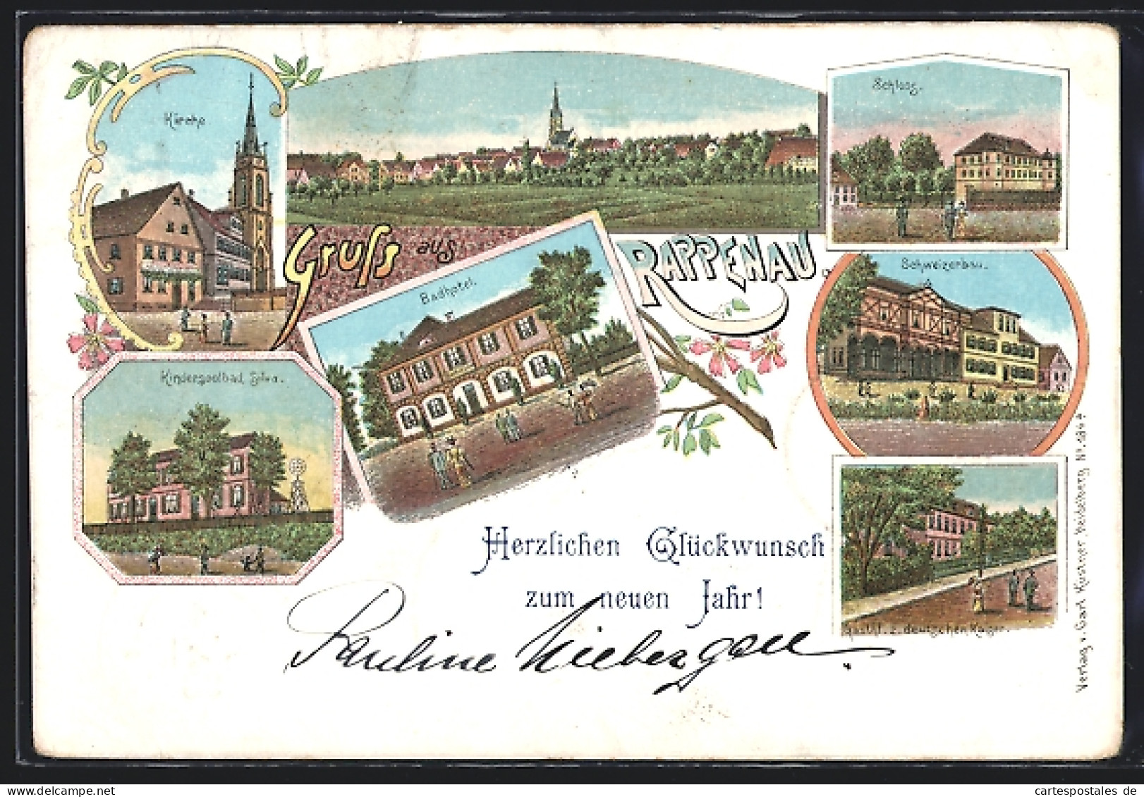 Lithographie Rappenau, Badhotel, Schweizerbau, Gasthof Z. Deutschen Kaiser, Kirche, Kindersoolbad  - Bad Rappenau