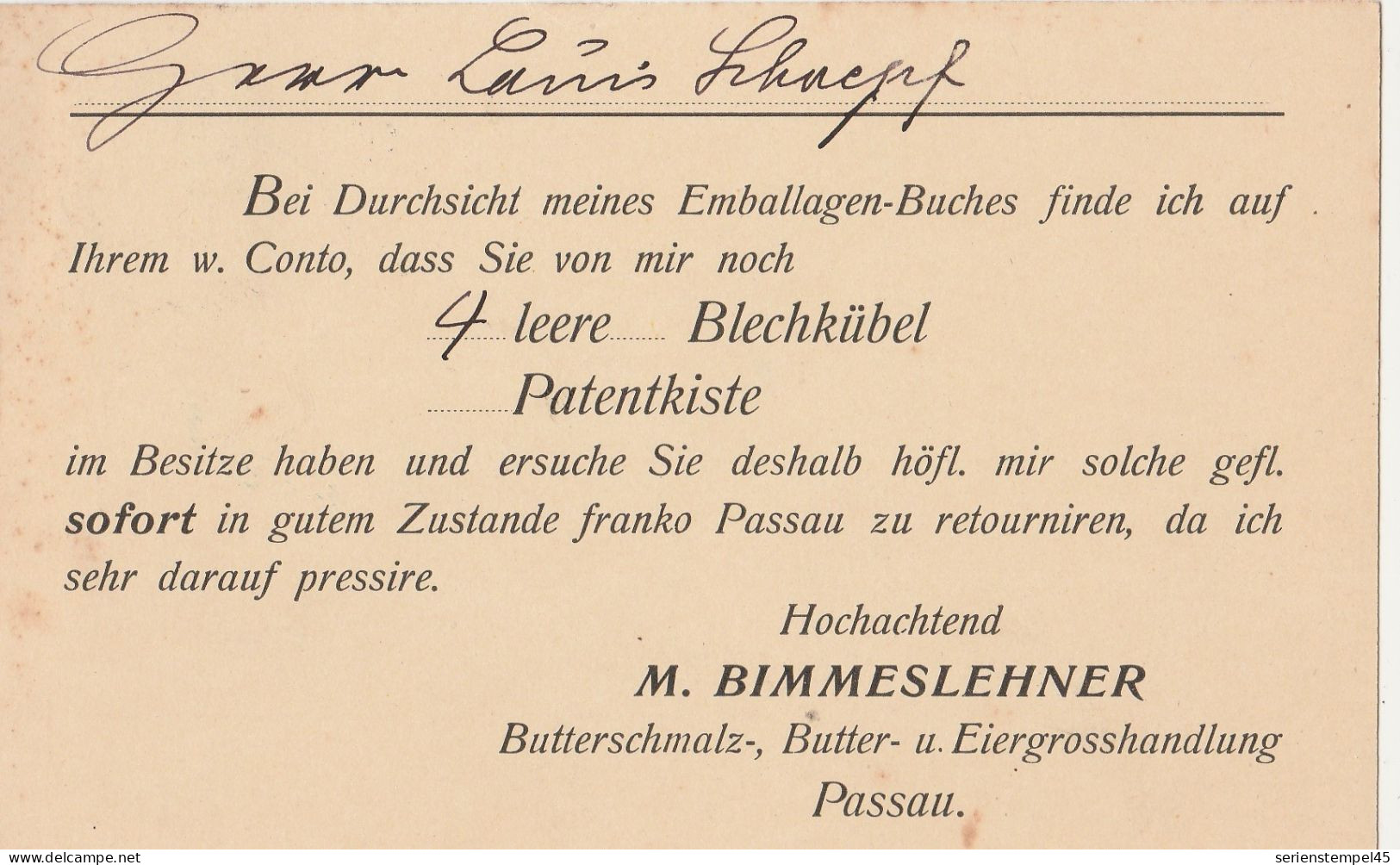 Deutsches Reich Firme Karte Passau 1925 M Bimmeslehner Butterschmalz - Briefe U. Dokumente