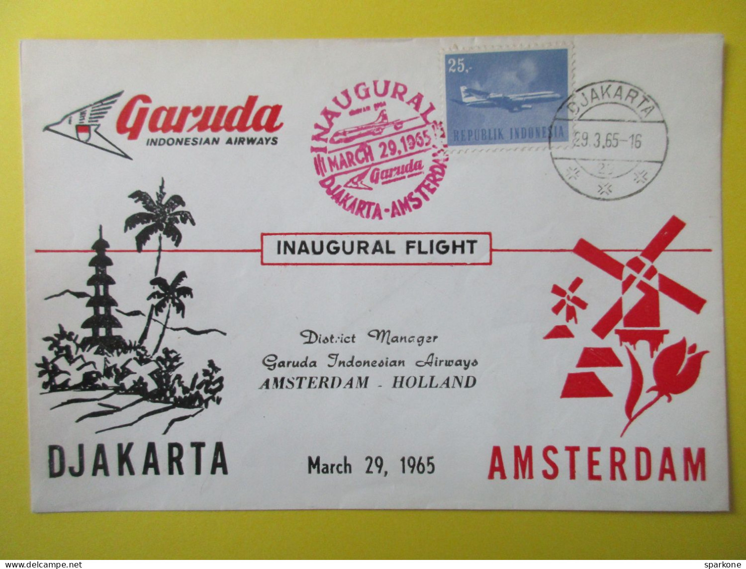Marcophilie - Enveloppe - Vol Inaugural Djakarta Amsterdam 29 March 1965 - Garuda Indonésian Airways - Indonesia