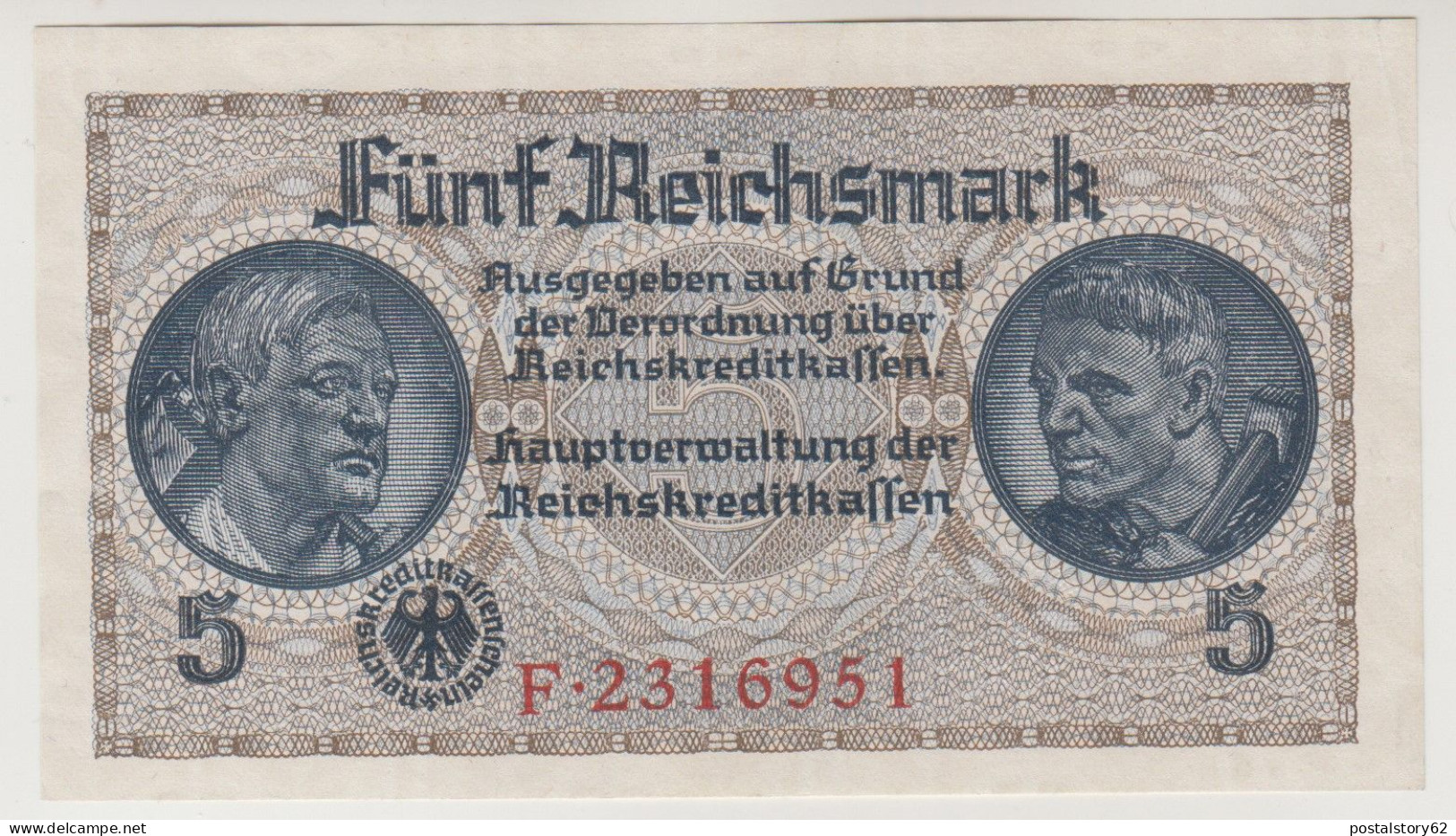 Banconota 5 Reichsmak Di Occupazione Tedesca 1940 - 1943  FDS - 5 Reichsmark