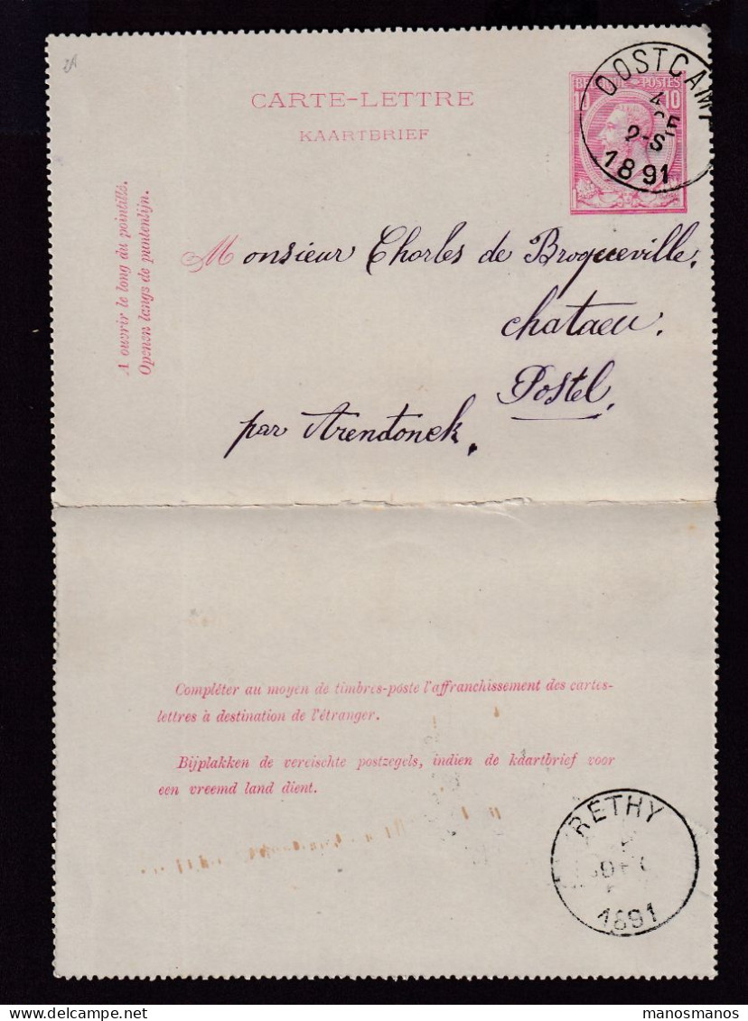 227/41 - Carte-Lettre TP 46 OOSTCAMP 1891 Vers Le Chateau De POSTEL Via RETHY - Origine Manuscrite HERSTBERGE - Carte-Lettere