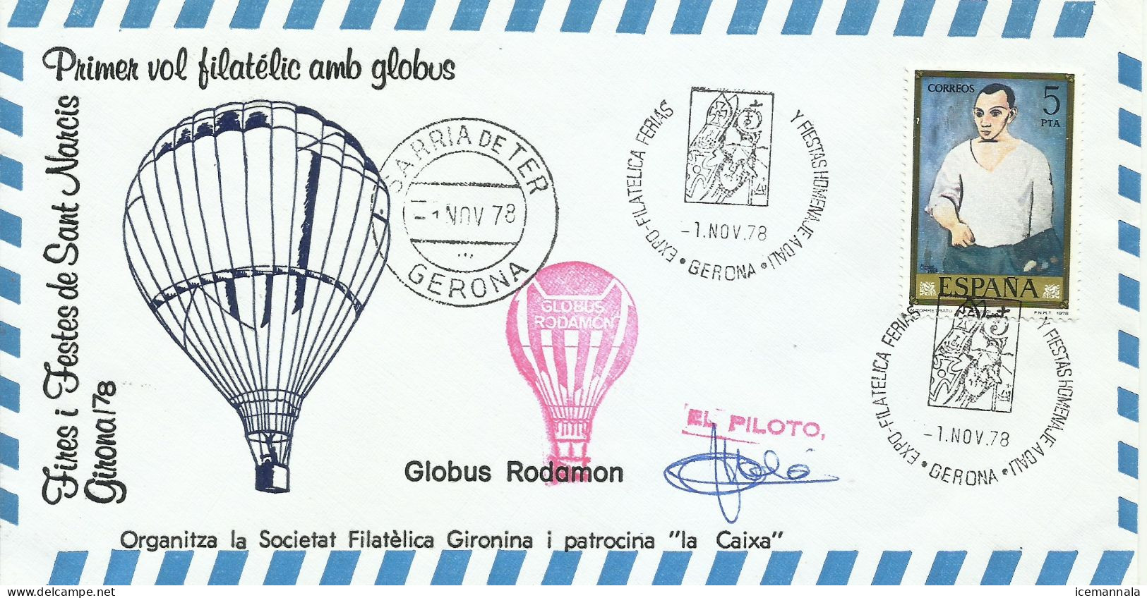 ESPAÑA, SOBRE  CONMEMORATIVO  PRIMER VUELO FILATELICO  EN GLOVO,  AÑO  1978 - Fesselballons