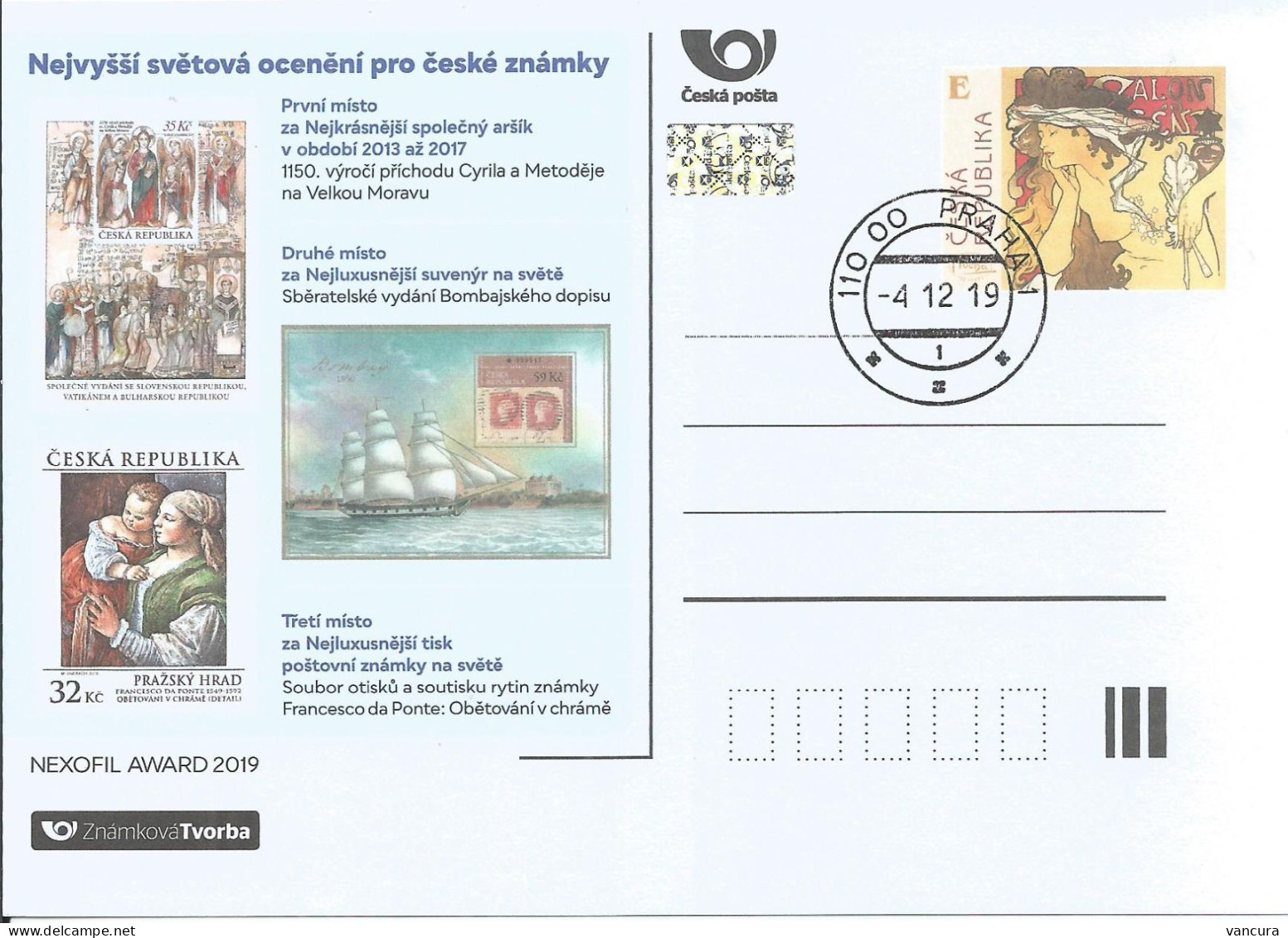 ZT 3 Czech Republic Awarded Stamps -  Mucha 2019 - Cartes Postales