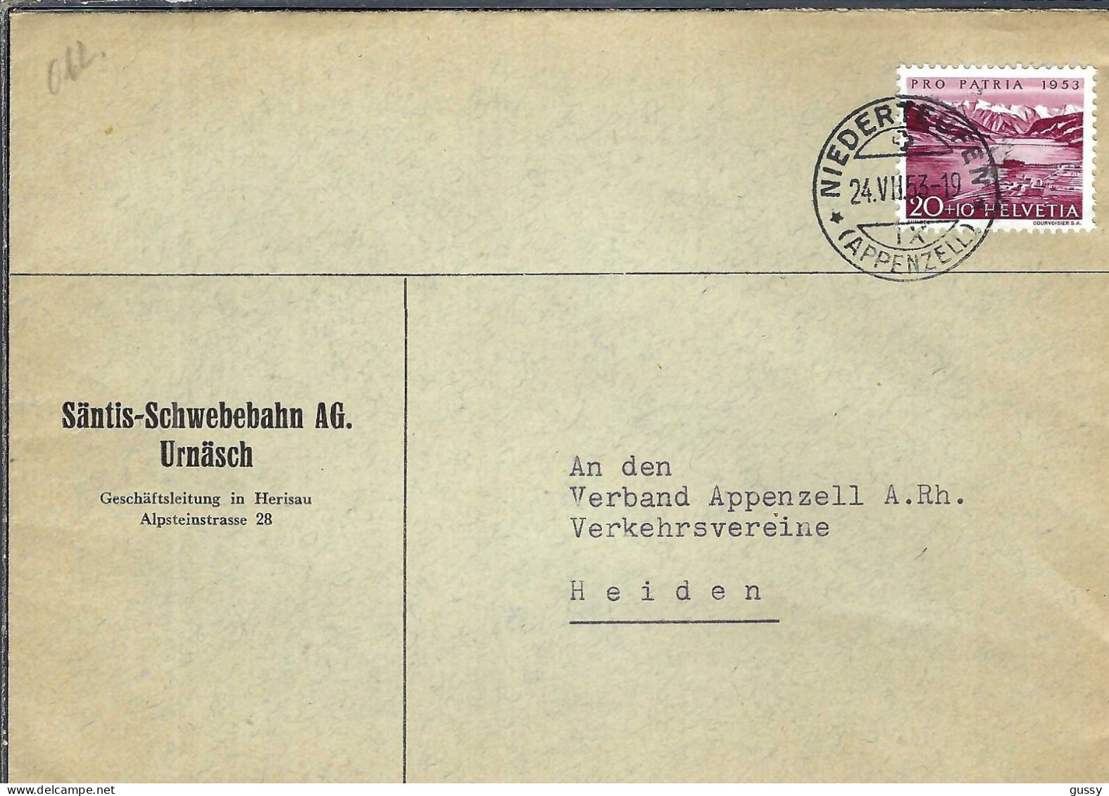SUISSE 1953: LSC De Niederteufen Pour Heiden - Cartas & Documentos