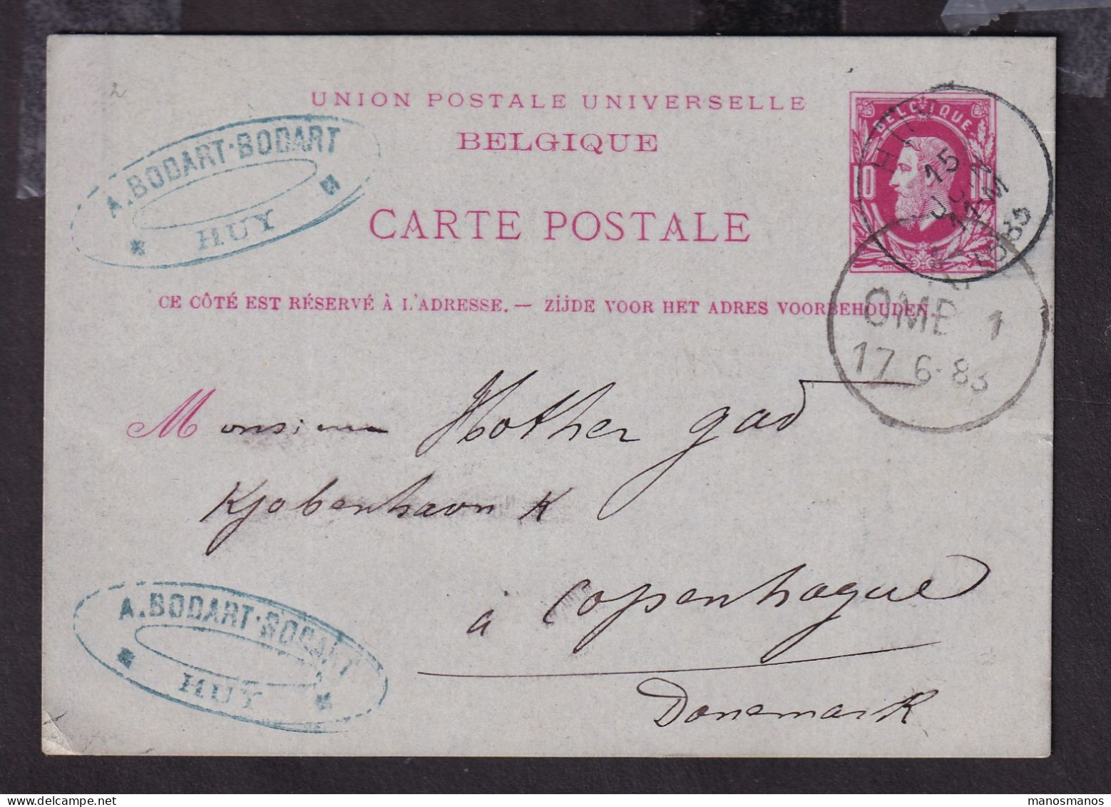231/41 - Entier Carte Postale HUY 1883 Vers COPENHAGUE Danemark - Cachet Bodart-Bodart - Cartes Postales 1871-1909