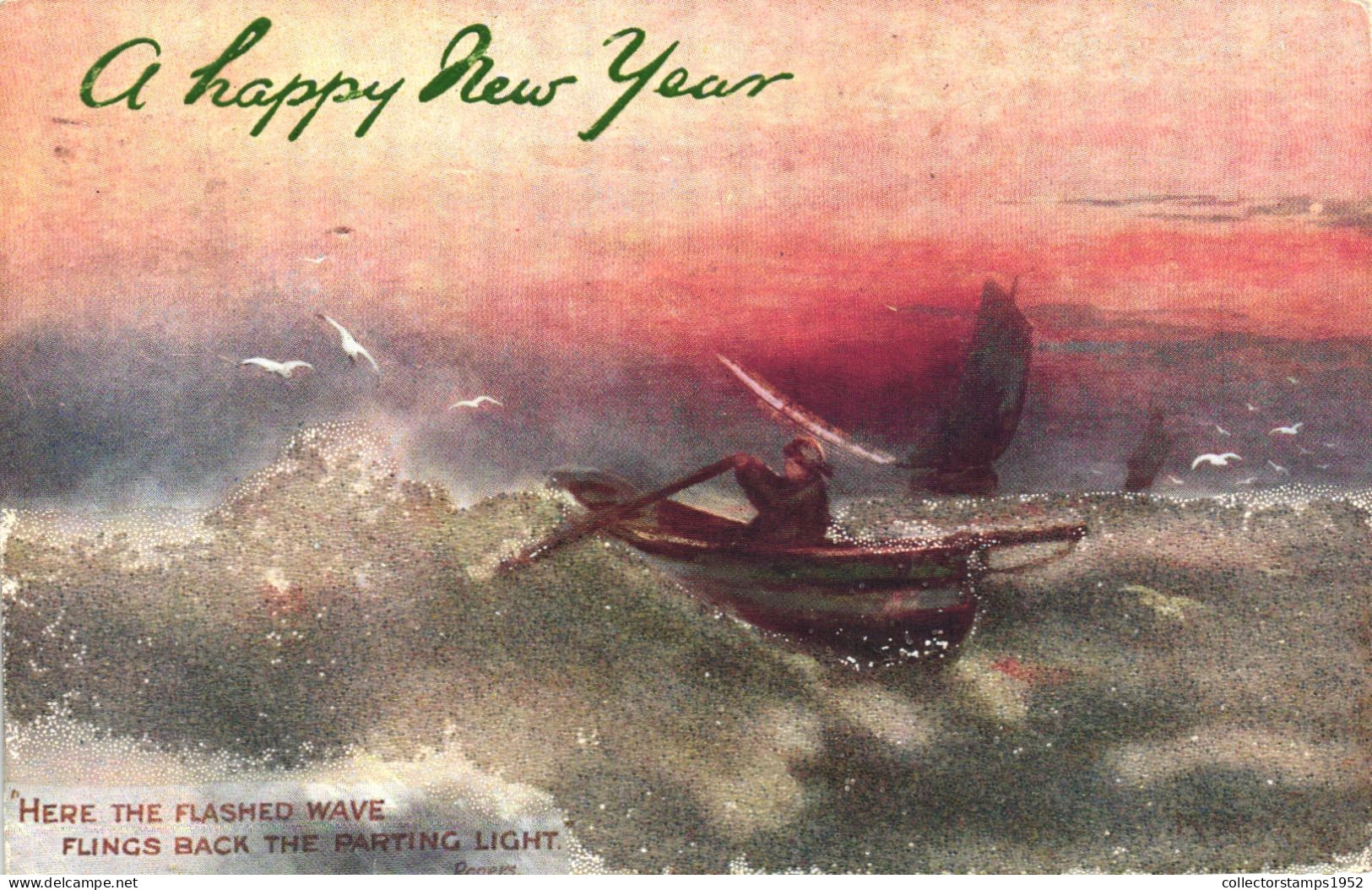 NEW YEAR, HOLIDAY, CELEBRATION, BOAT, BIRDS, QUOTE, PAINTING, ENGLAND, EMBOSSED POSTCARD - Nouvel An