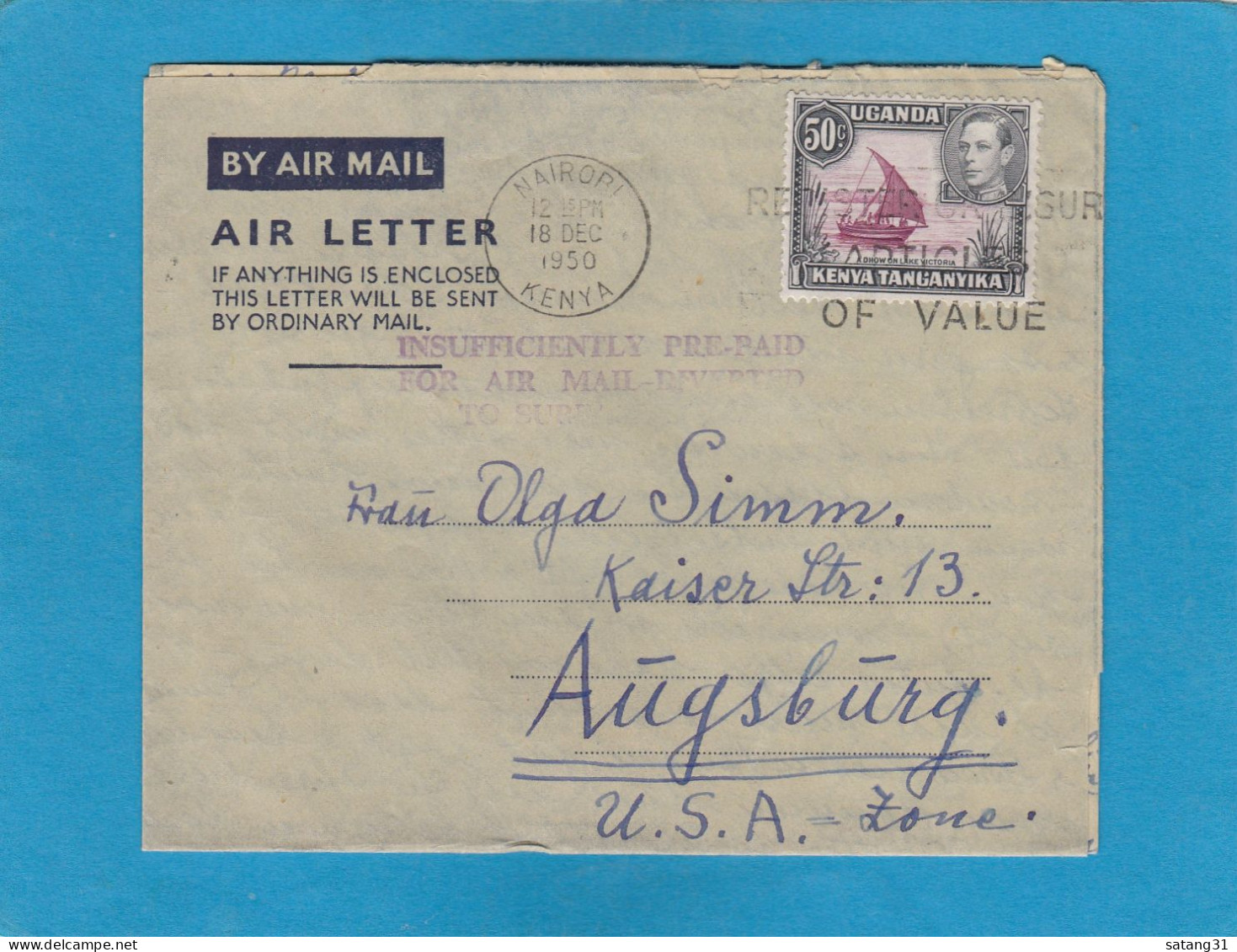 AEROGRAMME ENVOYE PAR VOIE TERRESTRE AVEC CACHET "INSUFFICIENTLY PREPAID FOR AIR MAIL - DIVERTED FOR SURFACE MAIL - Kenya, Oeganda & Tanganyika