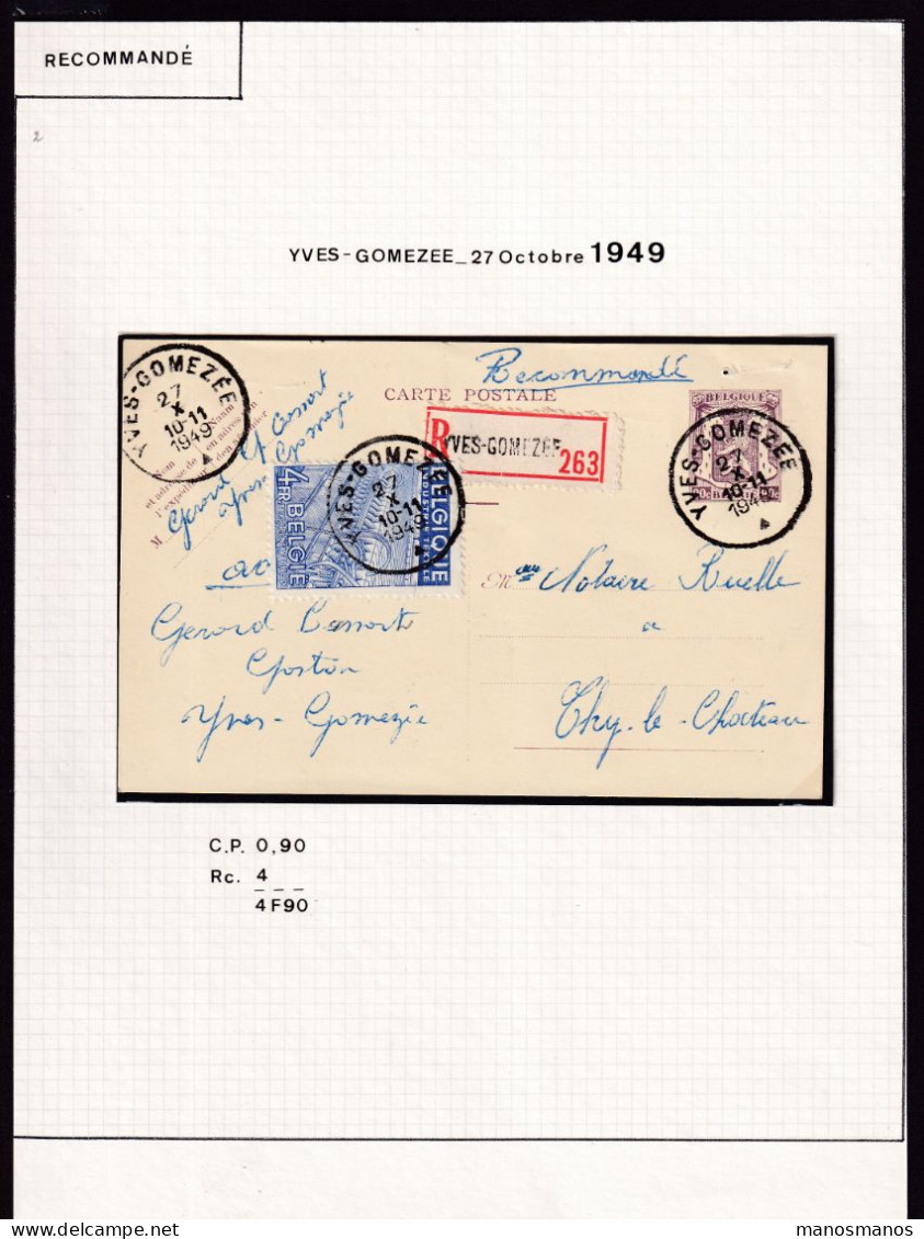 233/41 - Entier Carte Postale Recommandée + TP Export - YVES-GOMEZEE 1949 Vers THY LE CHATEAU - Postcards 1934-1951