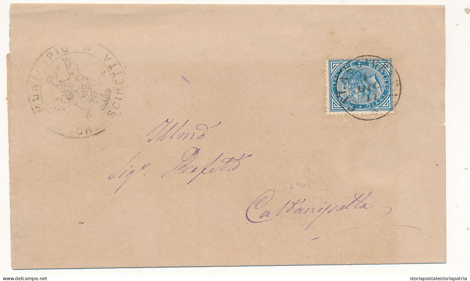 1877 CALASCIBETTA DC SU 0,10 AZZURRO UNICO ANNULLATORE SENZA NUMERALE + BEL TIMBRO ARALDICO - Poststempel