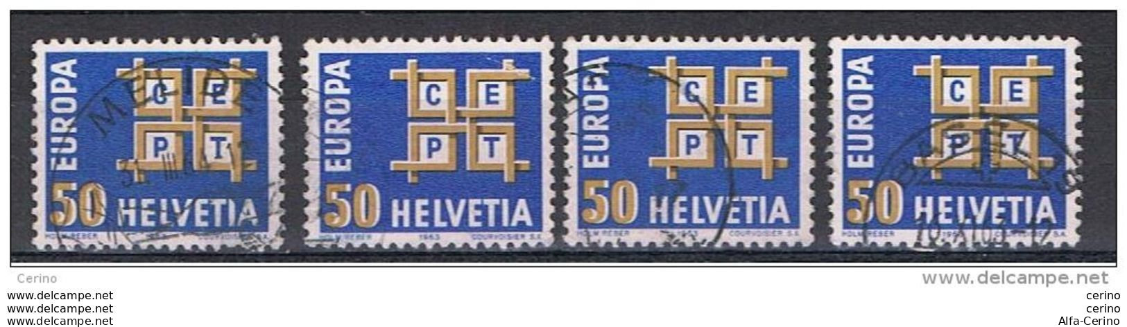 SVIZZERA:  1963  EUROPA  CEPT  -  50 C. BLU  E  OCRA  US.  -  RIPETUTO  4  VOLTE  -  YV/TELL. 716 - 1963