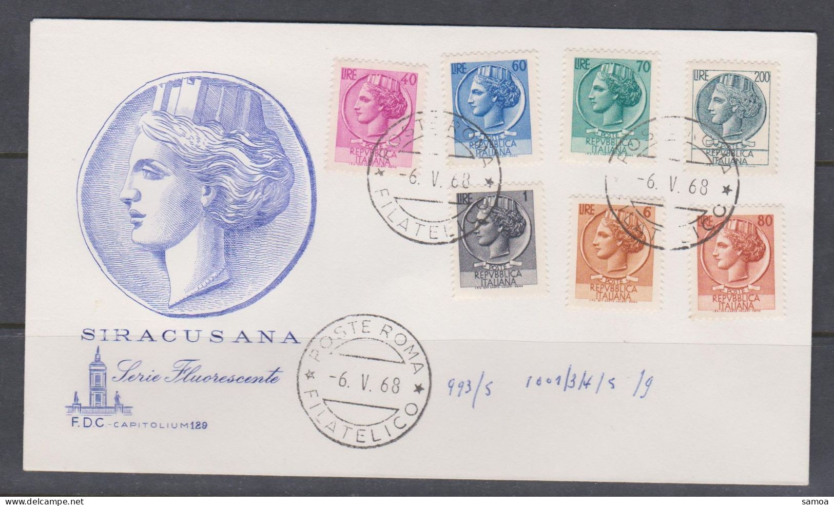 Italie FDC 1968 993 995 1001 1003-05 1009 Monnaie Syracusaine - FDC