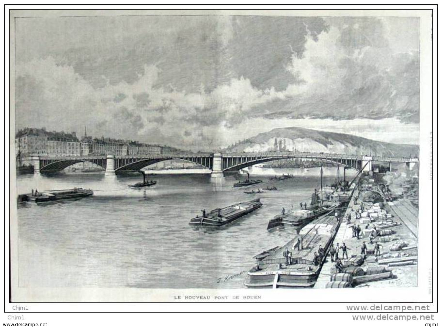 Nouveau Pont De Rouen - Neue Brücke In Rouen  - Dessin J. Koerner - Old Print - Alter Druck Von 1888 - Historical Documents