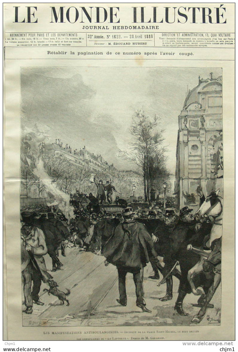 Les Manifestation Antiboulangistes - Incident De La Place Saint-Michel - Page Original 1888 - Historical Documents