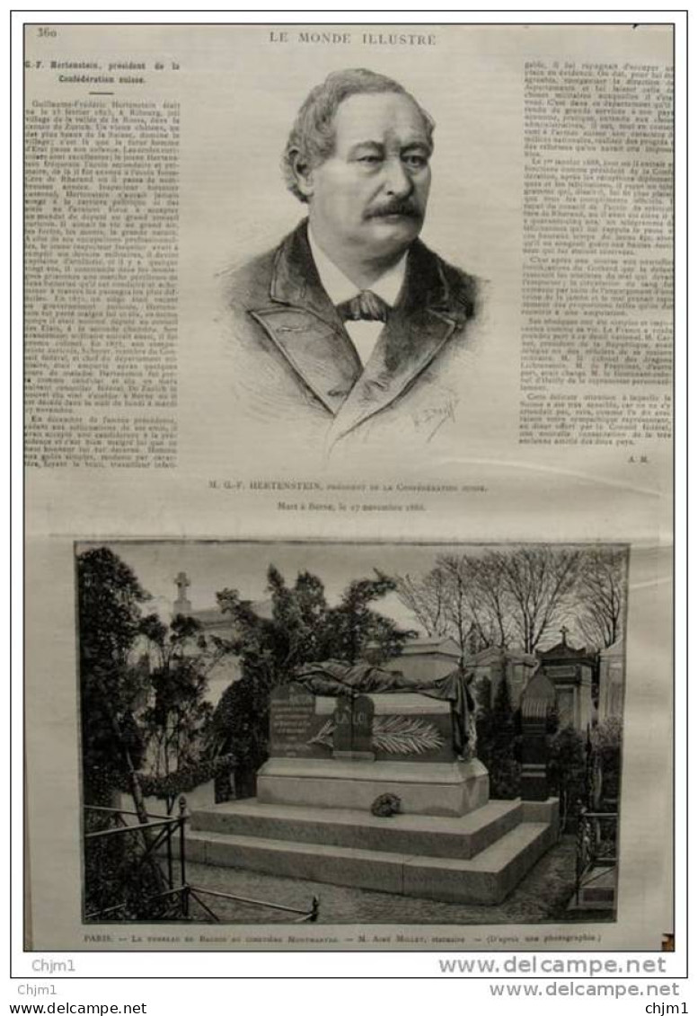 M. G. F. Hertenstein, Président De La Confédération Suisse - Page Original 1888 - Historische Dokumente