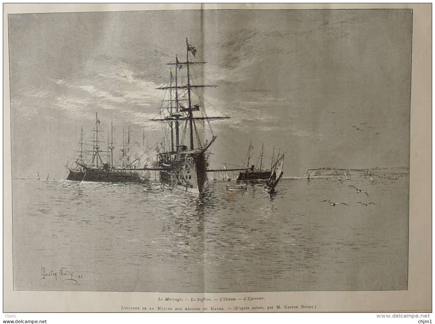 L'escadre Aux Régates Du Havre - Le Marengo - Le Suffren - L'Océan - L'Epervier - Page Original 1888 - Historical Documents