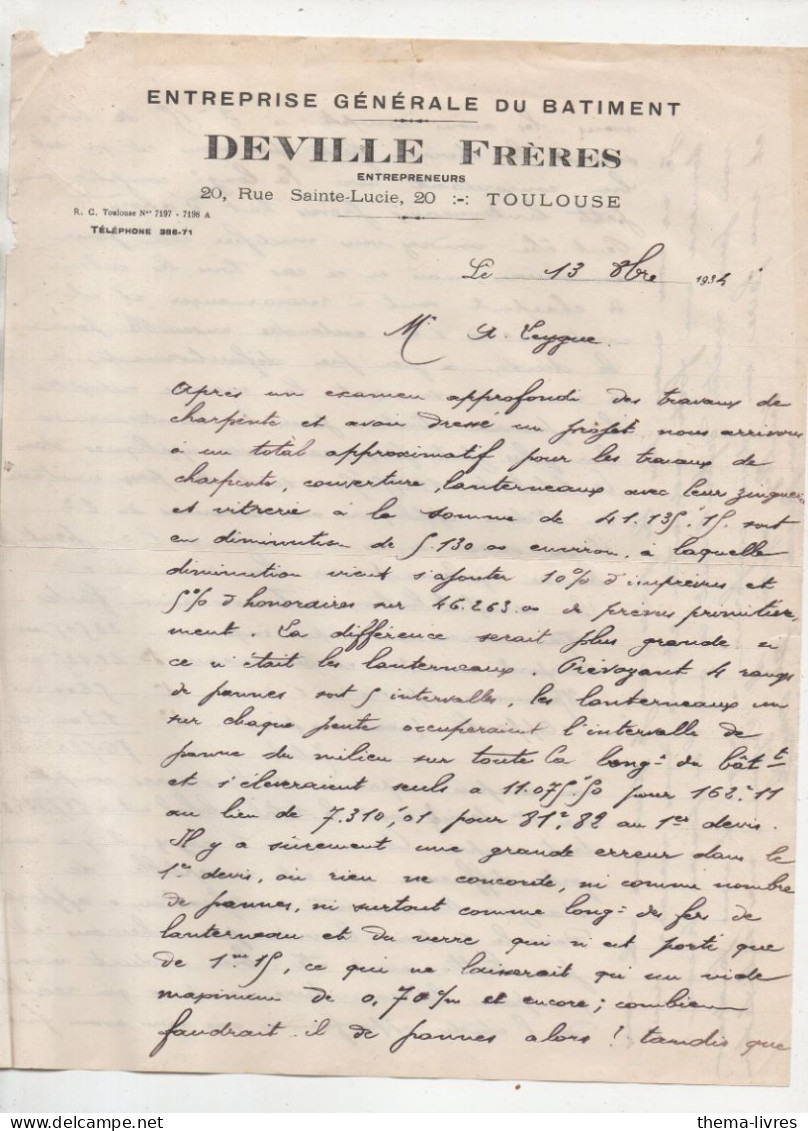 Toulouse (31)  Lettre Manuscrite Avec Entête DEVILLE FRERES (bâtiment)  (PPP47352 - 1900 – 1949