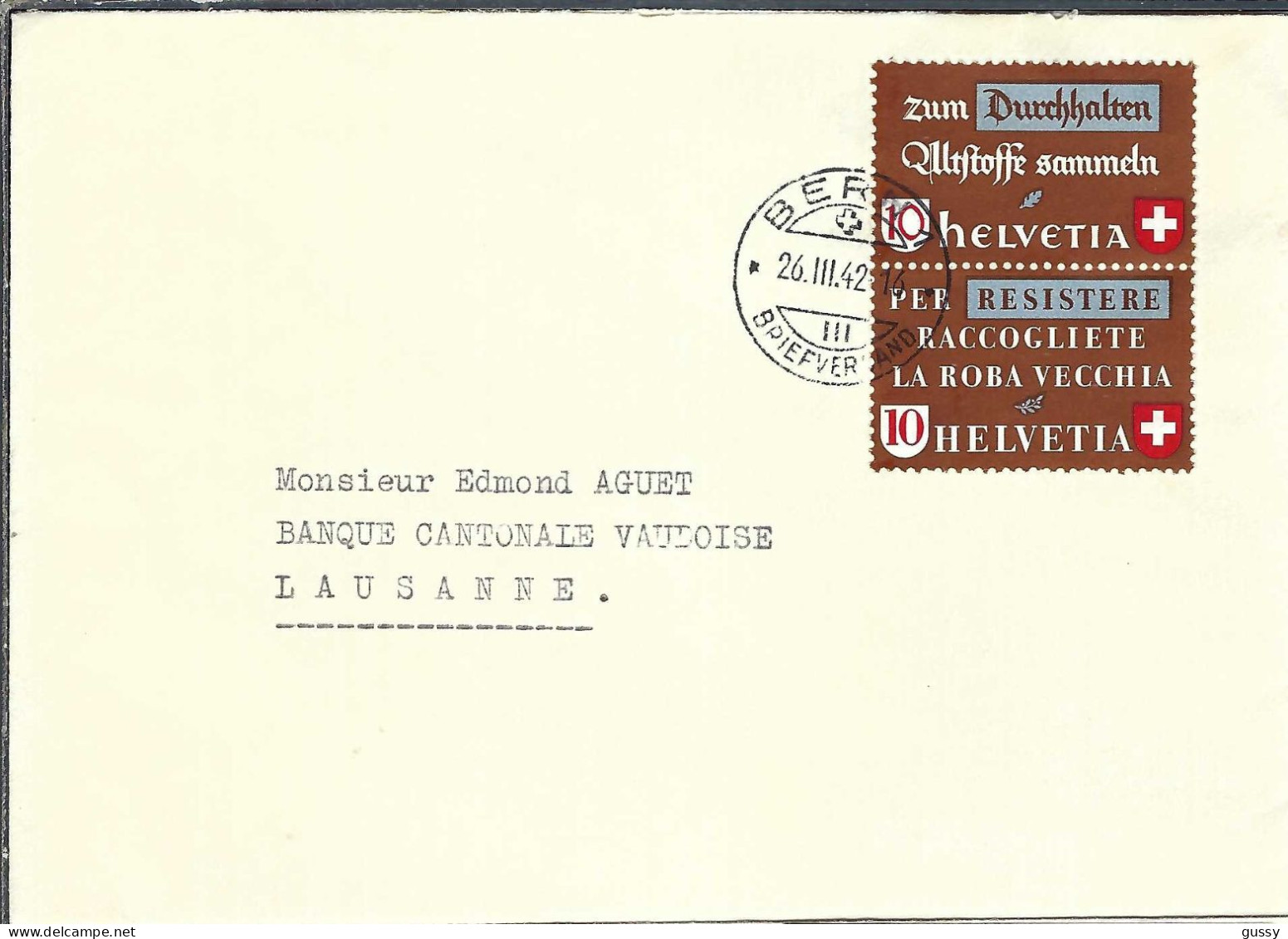 SUISSE 1942: LSC De Berne Pour Lausanne - Briefe U. Dokumente