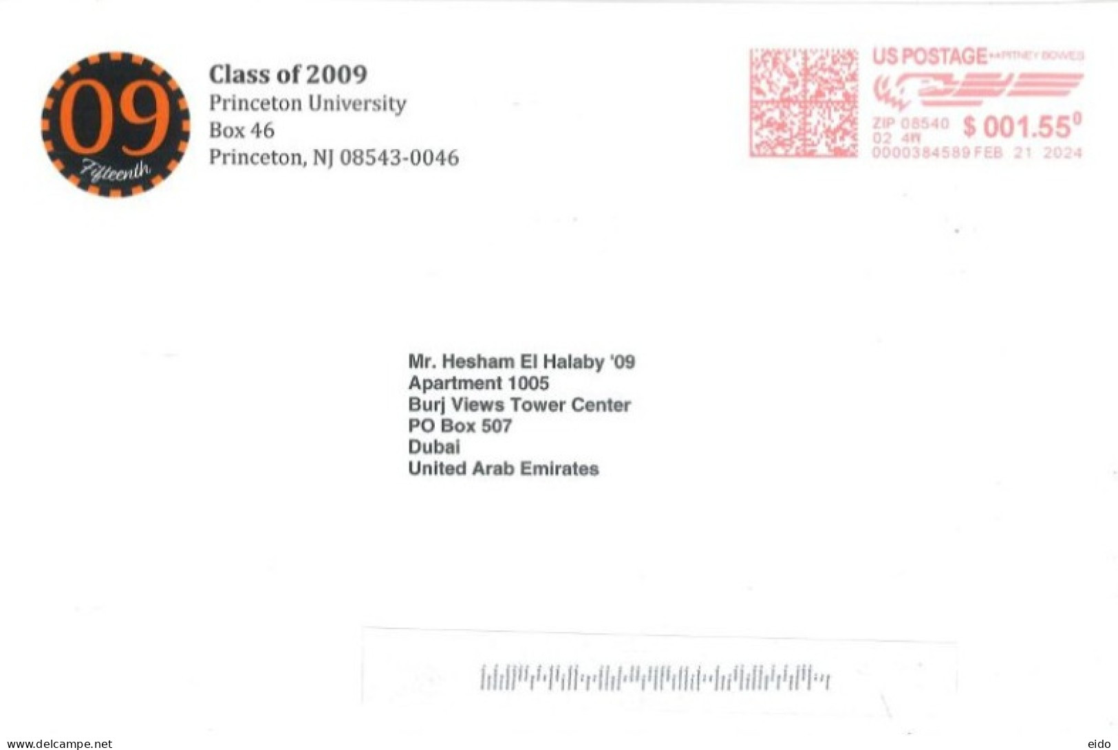 UNITED STATES - 2024 - POSTAL FRANKING MACHINE COVER, TO DUBAI . - Storia Postale