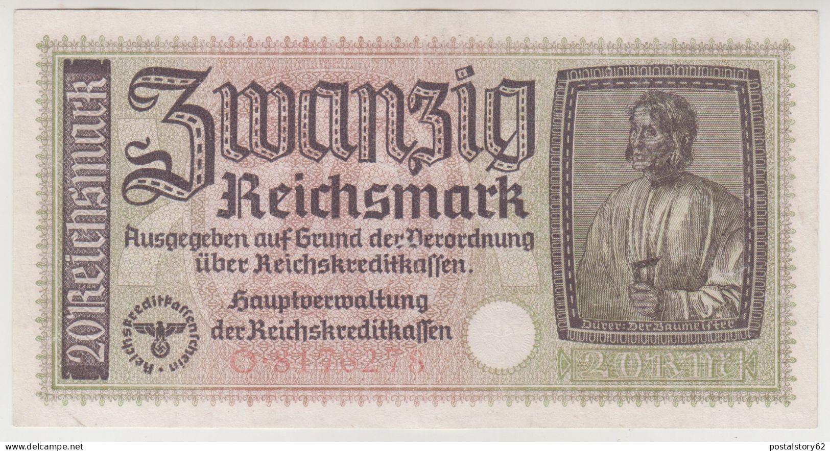 Germay - Occupied Territories - Banconota D'occupazione Tedesca 20 Reichsmark 1943 FDS - 20 Reichsmark