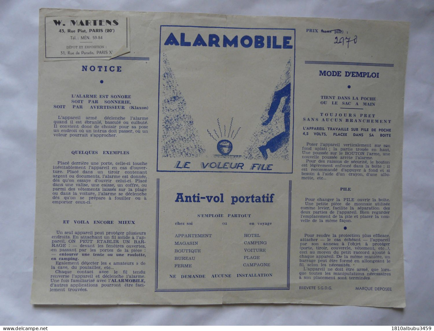 VIEUX PAPIERS - PUBLICITE : ALARMOBILE - ANTI-VOL PORTATIF - Advertising