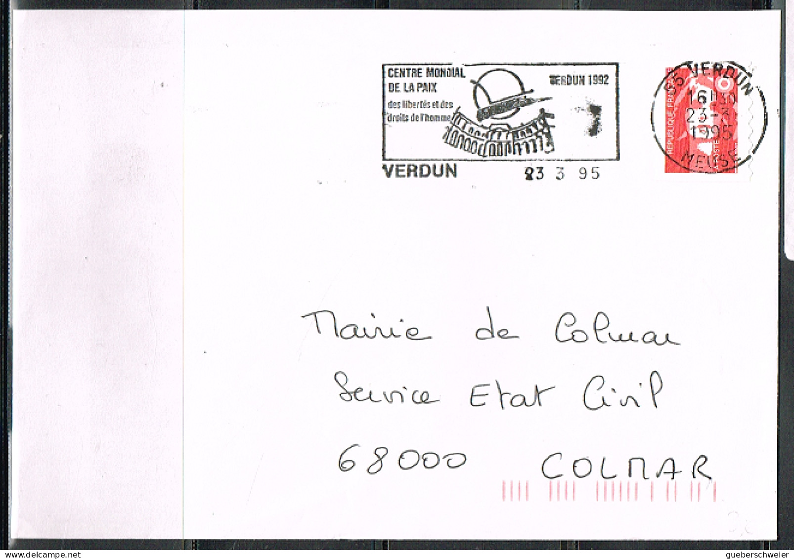 GUE-L39 - FRANCE Flamme Illustrée Sur Lettre Centre Mondial De La Paix VERDUN 1995 - Mechanical Postmarks (Advertisement)