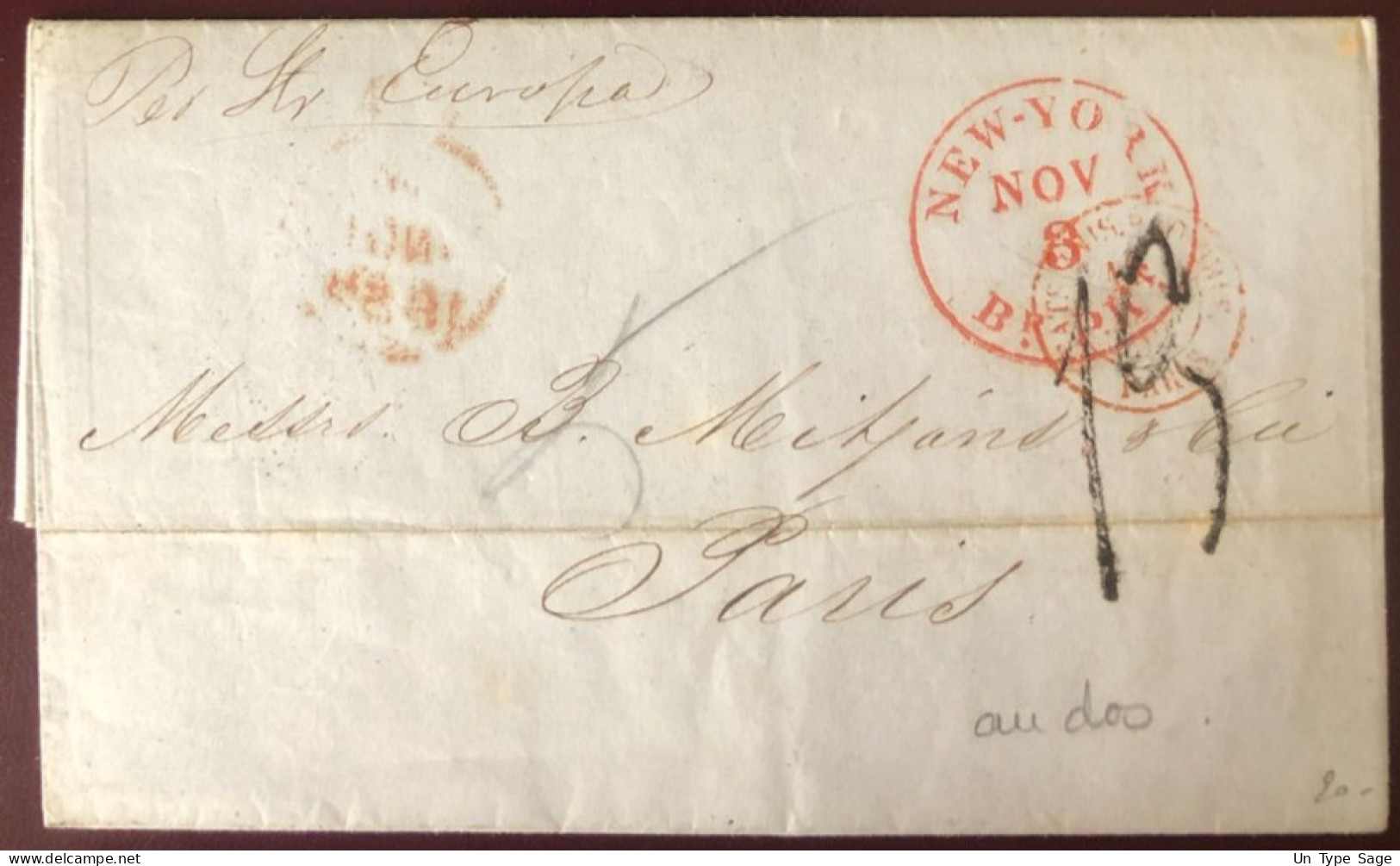 Etats-Unis, Cachet NEW-YORK Br. PKt. 3.11.1852 Sur Lettre De La Havane, Cuba - Achemineur Au Verso - Pq. EUROPA- (C140) - Storia Postale