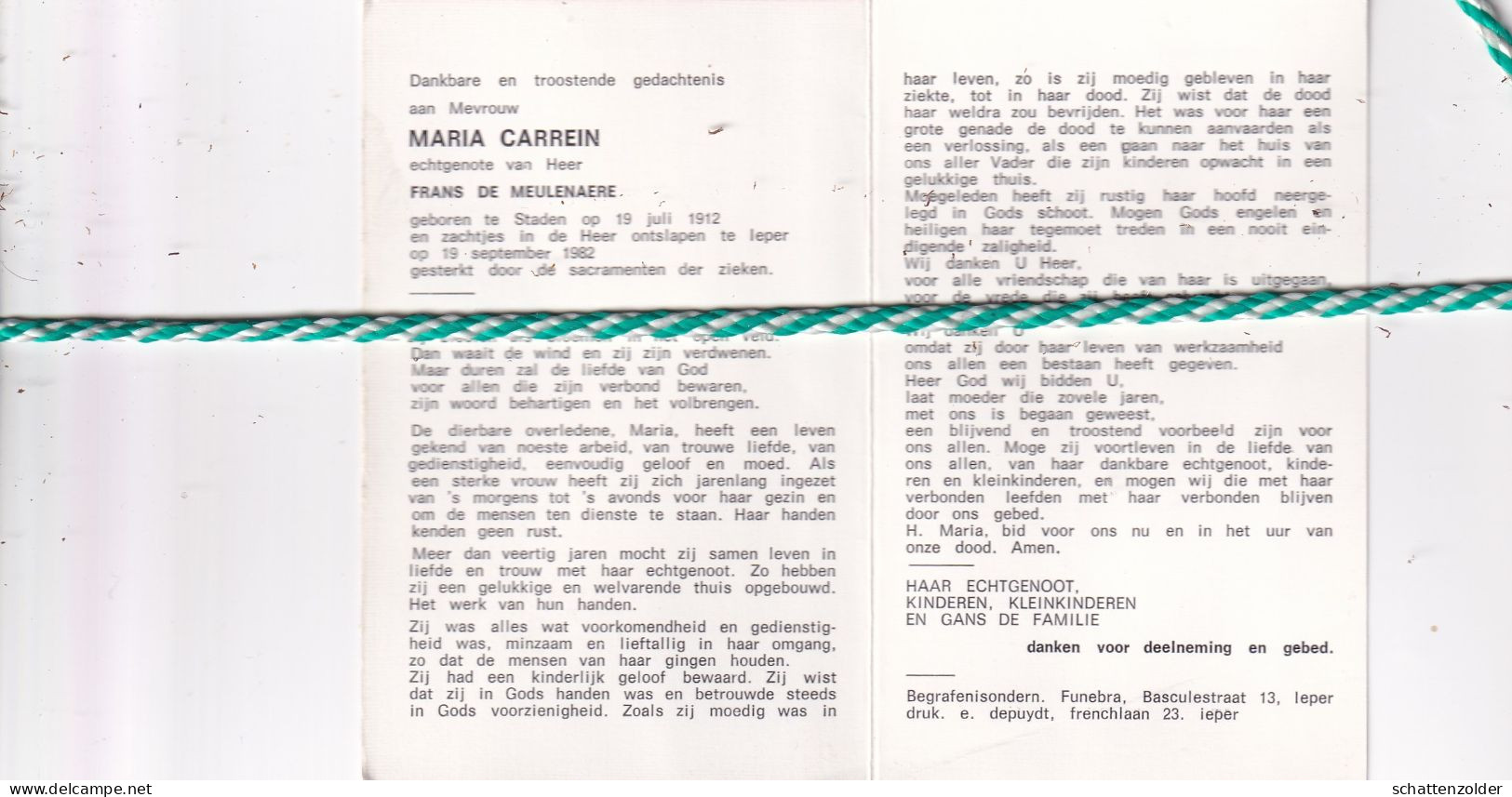 Maria Carrein-De Meulenaere, Staden 1912, Ieper 1982 - Todesanzeige