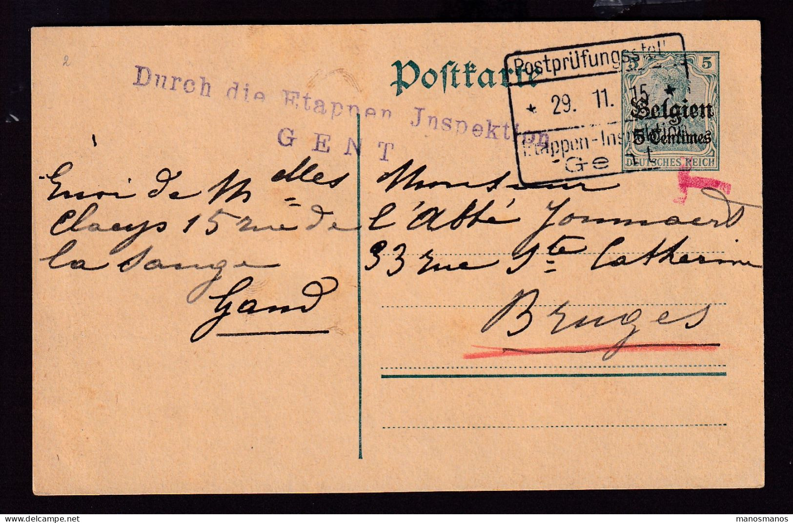 235/41 - BRUGGE Burgerpost Taks - Entier Postal Germania GENT Novembre 1915 Vers BRUGES - Grand T Rouge - OC26/37 Territoire Des Etapes