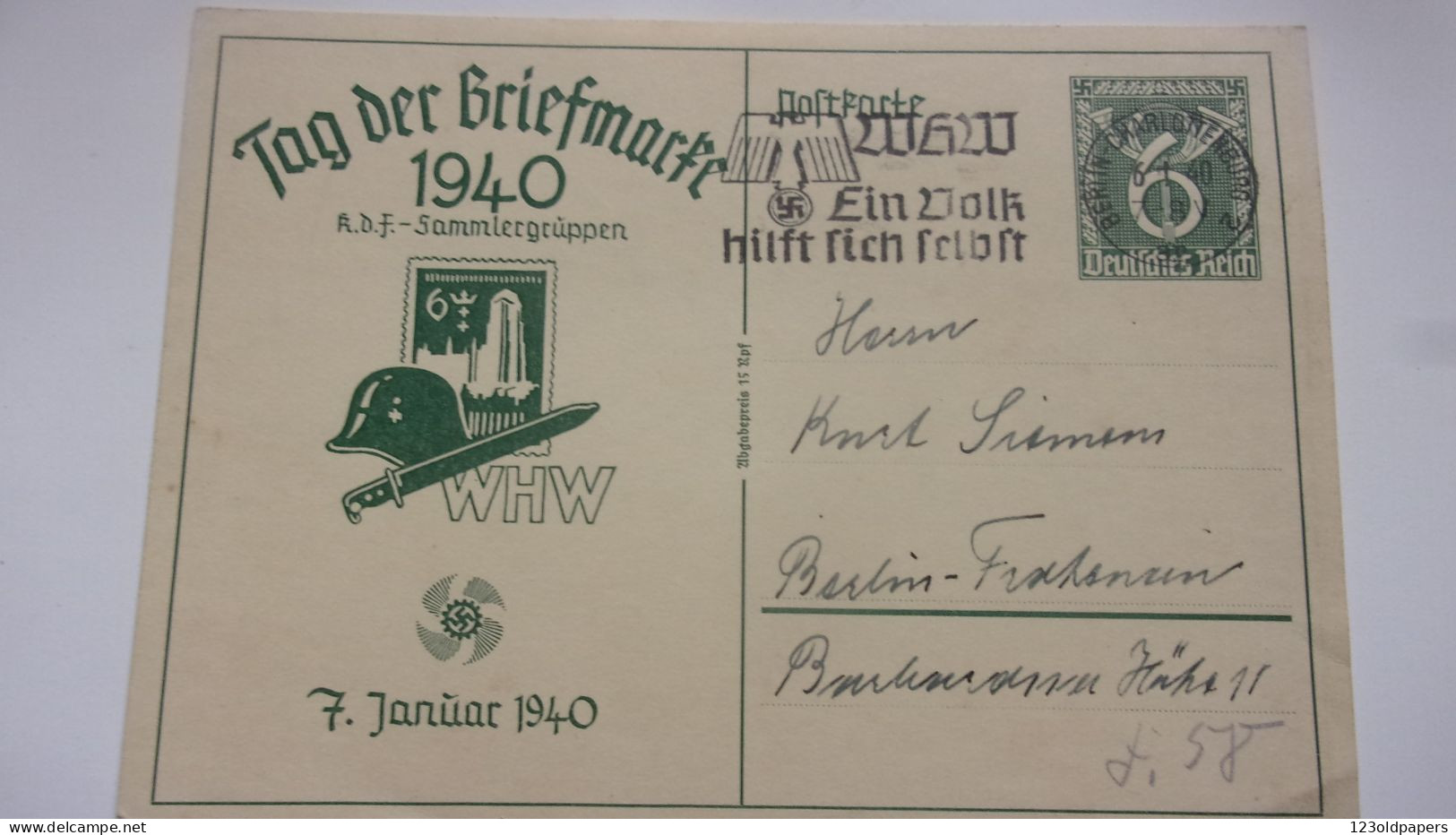 WWII Tag Der Briefmarke 1940 Entwertet WHW BERLIN CHARLOTTENBURG 2 CASQUE BAIONNETTE RDF SAMMLERGRUPPEN AIGLE PROPAGANDE - Sonstige & Ohne Zuordnung