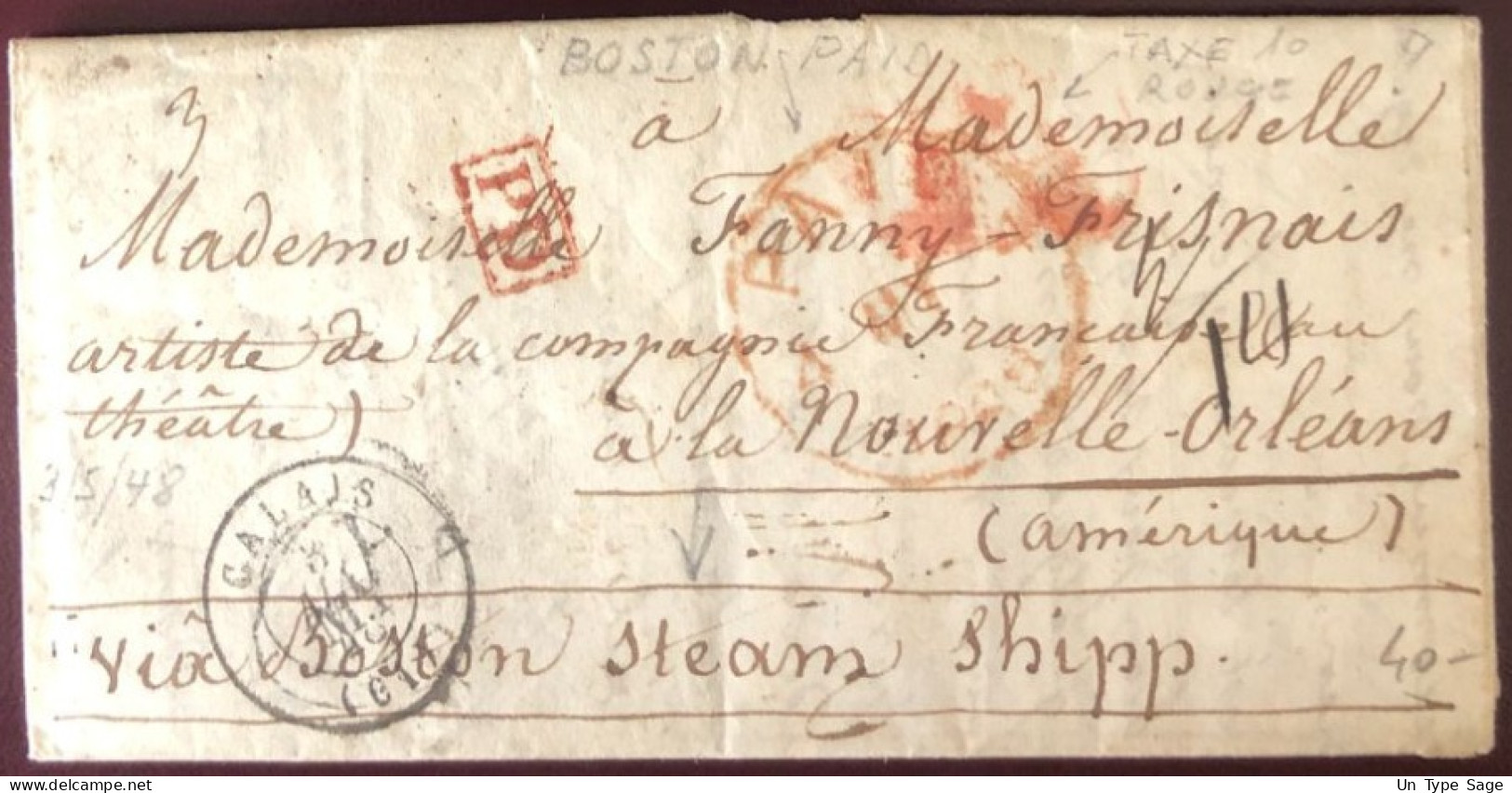 Etats-Unis, Cachet BOSTON PAID Sur Lettre De Calais 3.5.1848 Pour La Nouvelle Orléans - (C143) - Marcofilie