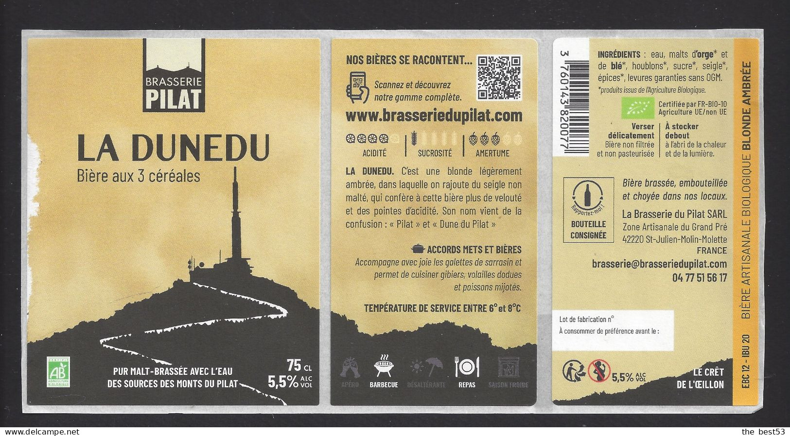 Etiquette De Bière Aux 3 Céréales  -  La Dunedu   -  Brasserie Du Pilat  è  Saint Julien Molin Molette  (42) - Bière