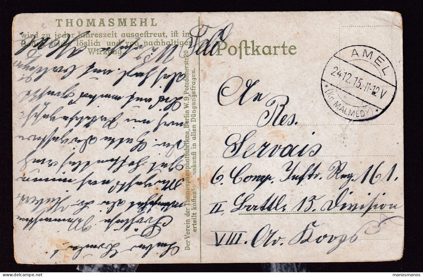 237/41 - CANTONS DE L'EST - Carte En Feldpost Cachet Allemand AMEL (Kreis Malmedy) 1915 Vers Le Soldat Servais - Autres & Non Classés