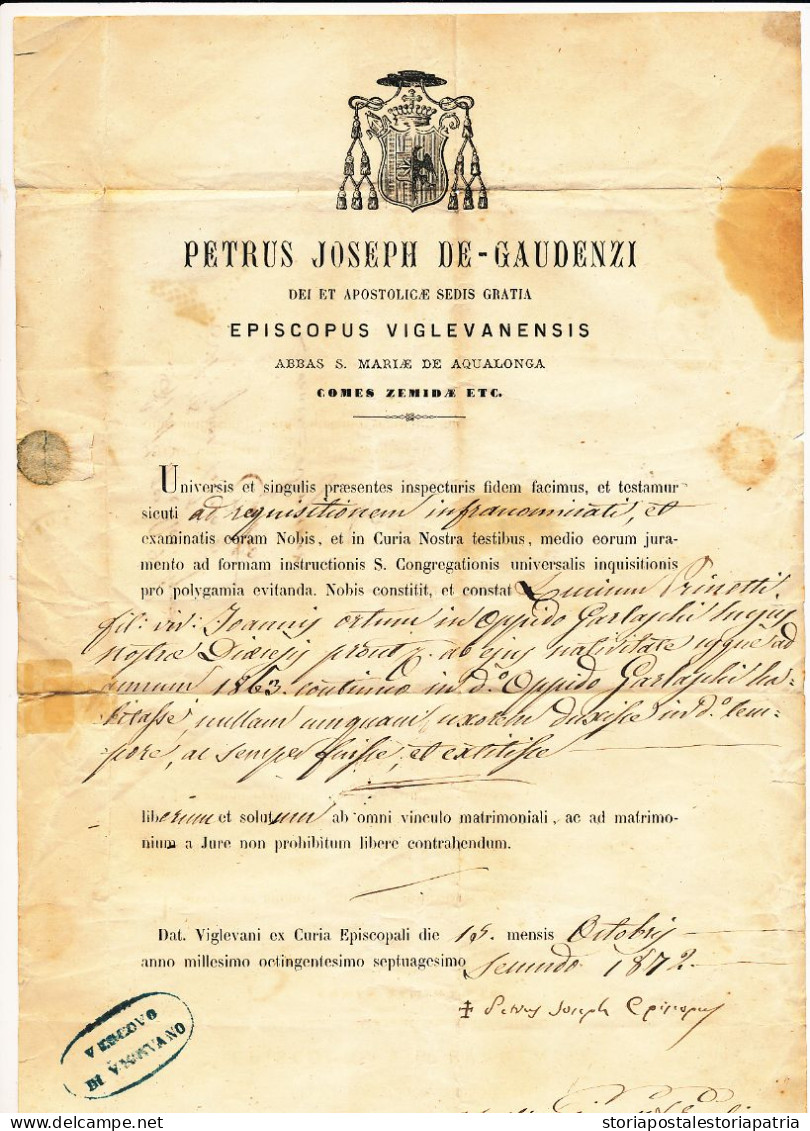 1872 DA VIGEVANO ANNULLO NUMERALE A PUNTI SENZA DC A  PARROCO DI CASTRO LOVERE A FIRMA VESCOVO DI VIGEVANO - Marcofilie