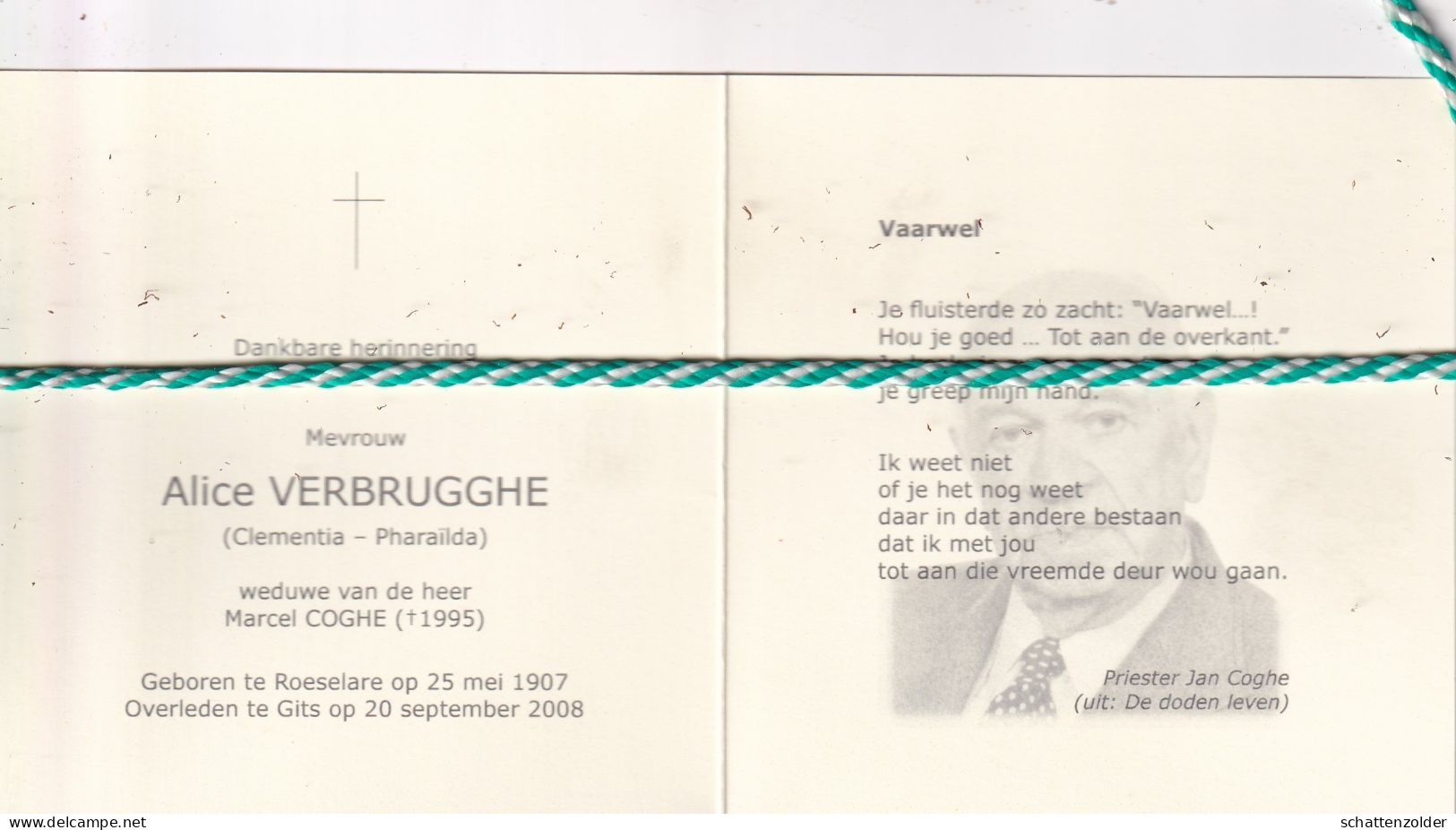 Alice Verbrugghe-Coghe, Roeselare 1907, Gits 2008. Honderdjarige. Foto - Décès