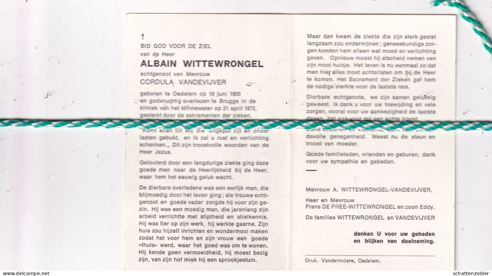 Albain Wittewrongel-Vandevijver, Oedelem 1900, Brugge 1972 - Décès