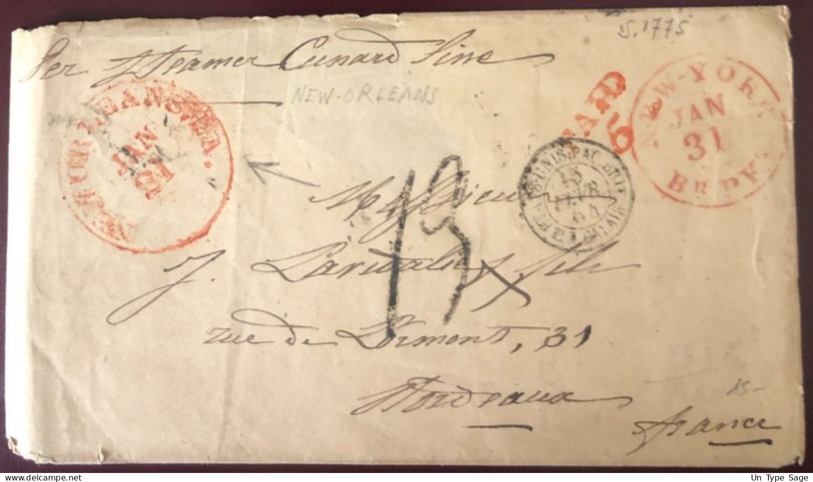 Etats-Unis, PAID 5 Sur Enveloppe De La Nouvelle Orléans 21.1.1854 Pour La France - Steamer Cunard - (C147) - Storia Postale