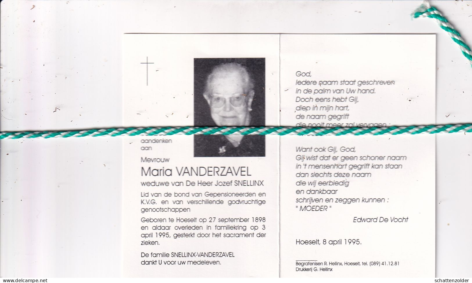 Maria Vanderzavel-Snellinx, Hoeselt 1898, 1995. Foto - Esquela