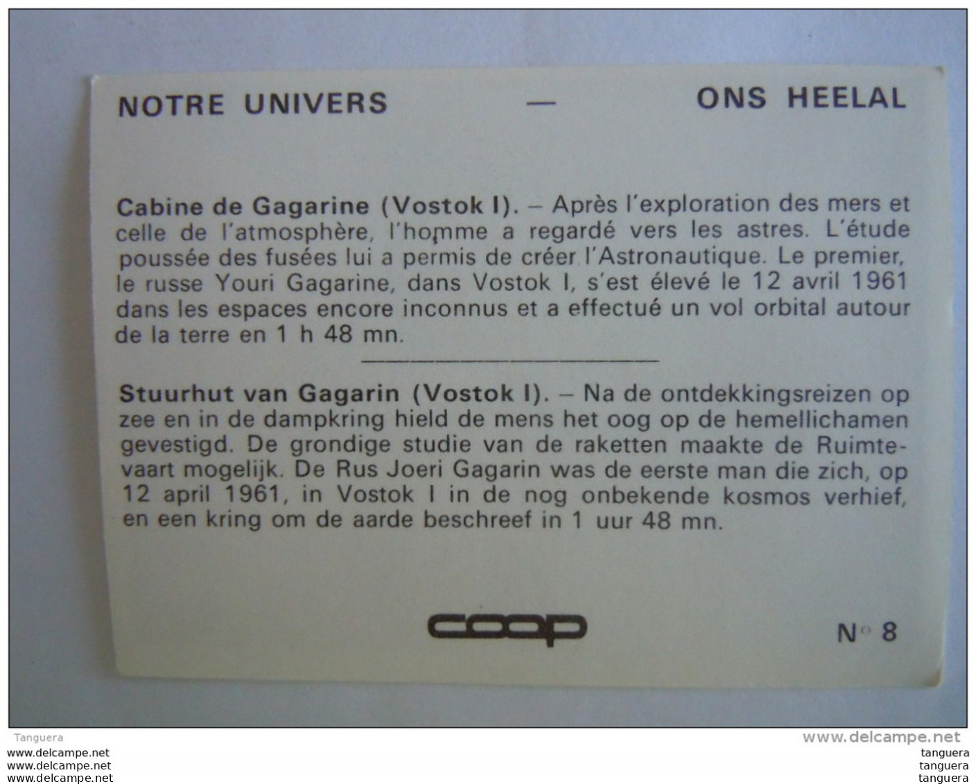 Chromo Chocolat Coop Notre Univers N° 8 Cabine De Gagarine (Vostok I) Stuurhut Van Gagarin - Sonstige & Ohne Zuordnung