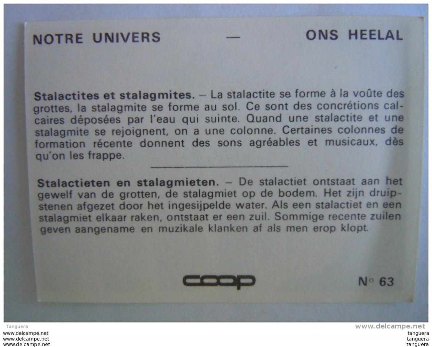 Chromo Chocolat Coop Notre Univers N° 63 Stalactites Et Stalagmites Stalactieten En Stalagmieten - Sonstige & Ohne Zuordnung