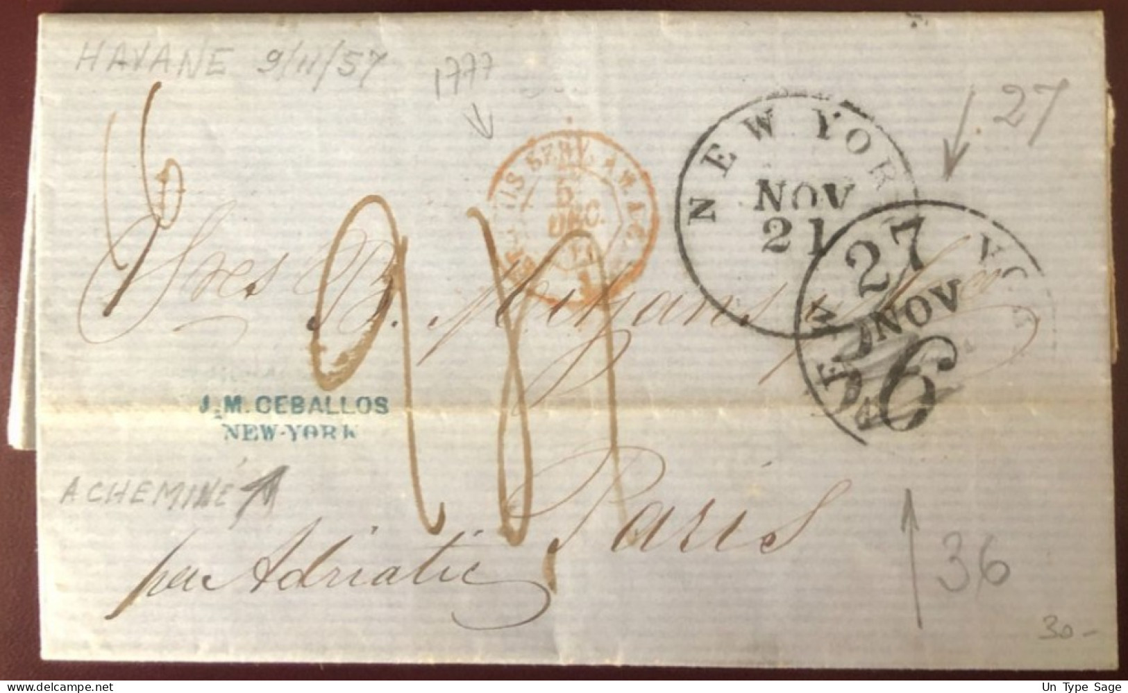 Etats-Unis, Achemineur  Sur Lettre De La Havane Cuba 9.11.1857 - Taxe 27 Et 36 - Pq. ADRIATIC - (C148) - Marcofilie