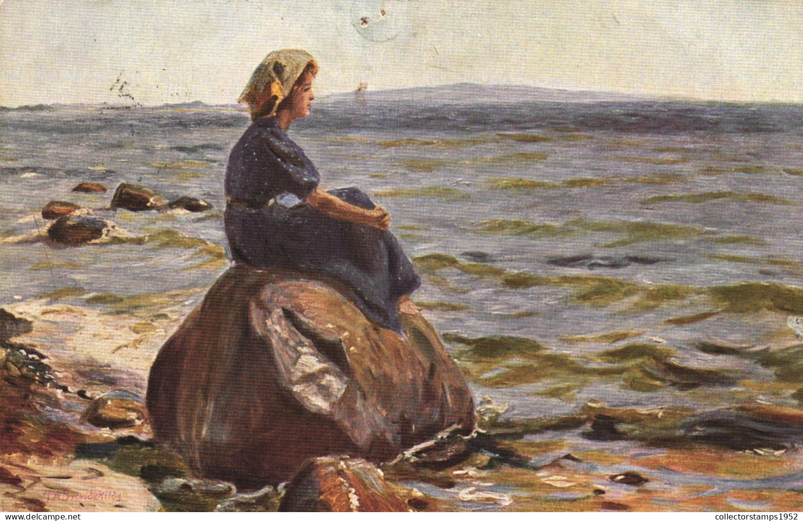 PAINTING, FINE ARTS, DREAMING AT THE SEA, H.A. BRENDEKILDE, WOMAN, SWITZERLAND, POSTCARD - Pintura & Cuadros