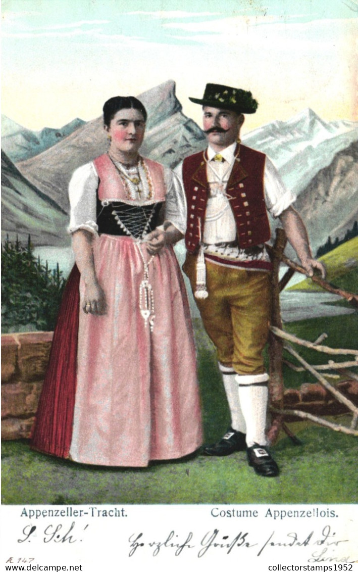 PAINTING, FINE ARTS, FOLKLORE COSTUME, MAN WITH HAT AND WOMAN, MOUNTAIN, APPENZELL, SWITZERLAND, POSTCARD - Paintings