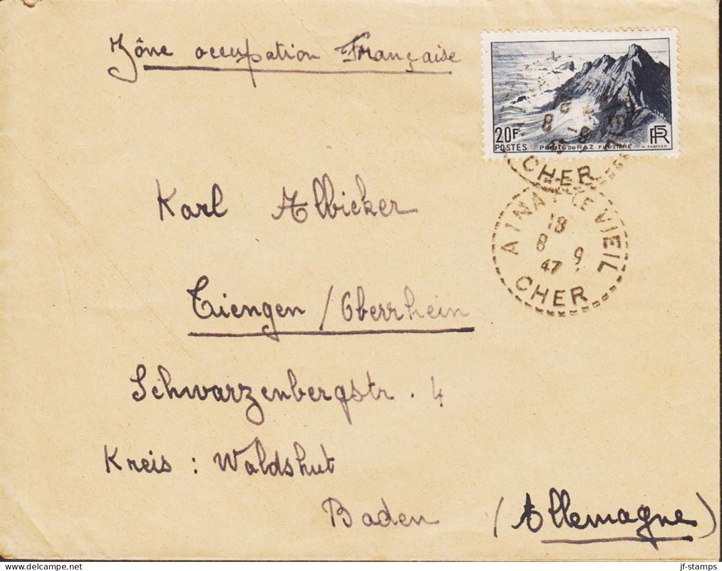 1947. REP. FRANCAISE. 2O F Pointe Du Raz Single On Fine Cover To Baden, Zone Occupation Franc... (Michel 760) - JF545762 - Lettres & Documents