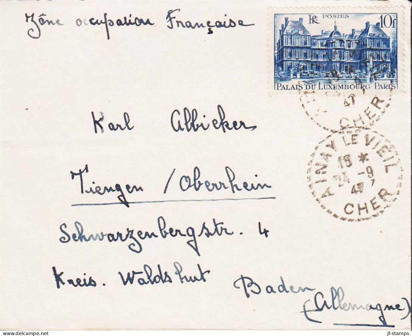 1947. REP. FRANCAISE. 10 F Palais Du Luxembourg, Paris Single On Fine Cover To Baden, Zone Oc... (Michel 758) - JF545764 - Brieven En Documenten