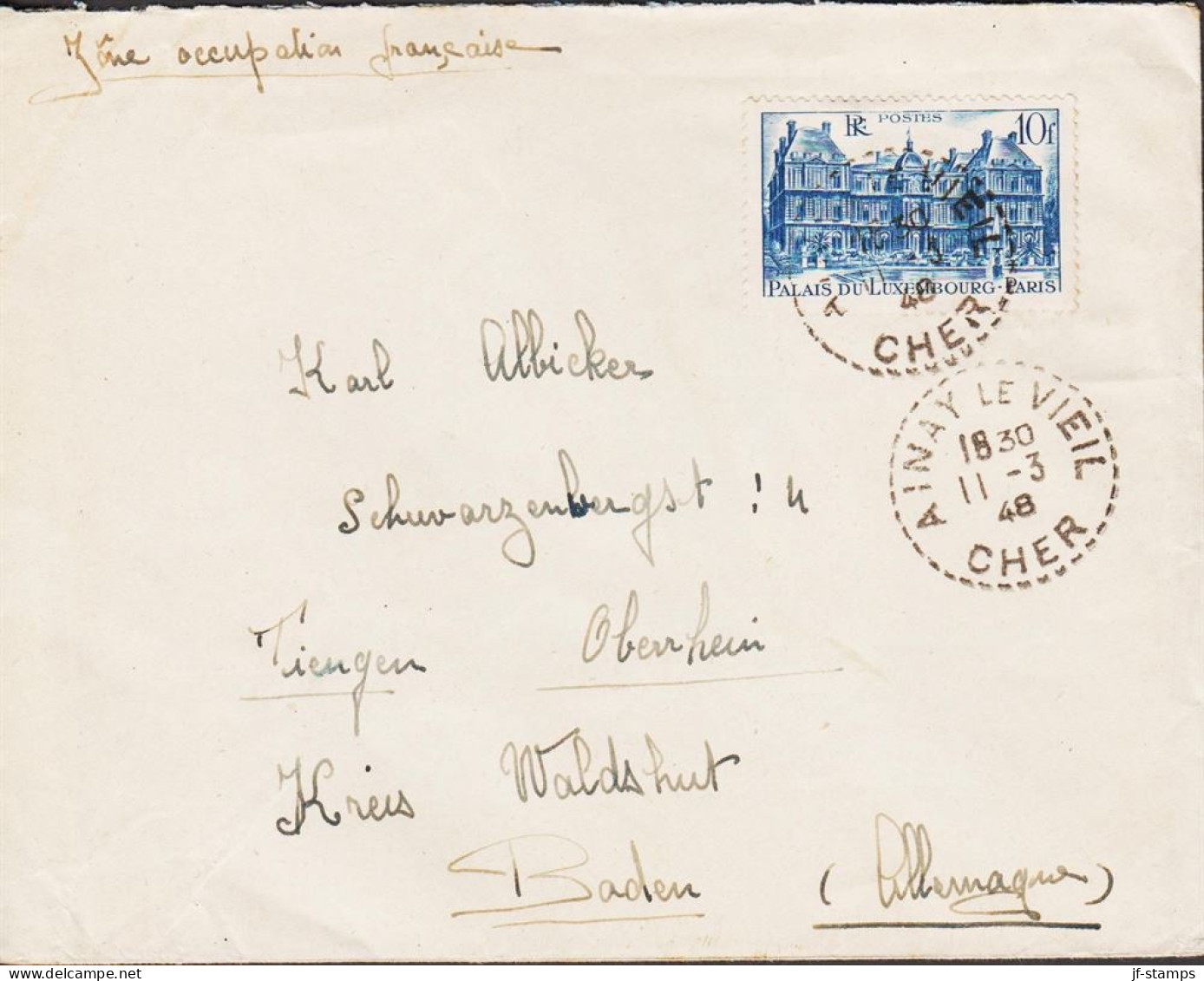 1948. REP. FRANCAISE. 10 F Palais Du Luxembourg, Paris Single On Fine Cover To Baden, Zone Oc... (Michel 758) - JF545765 - Brieven En Documenten