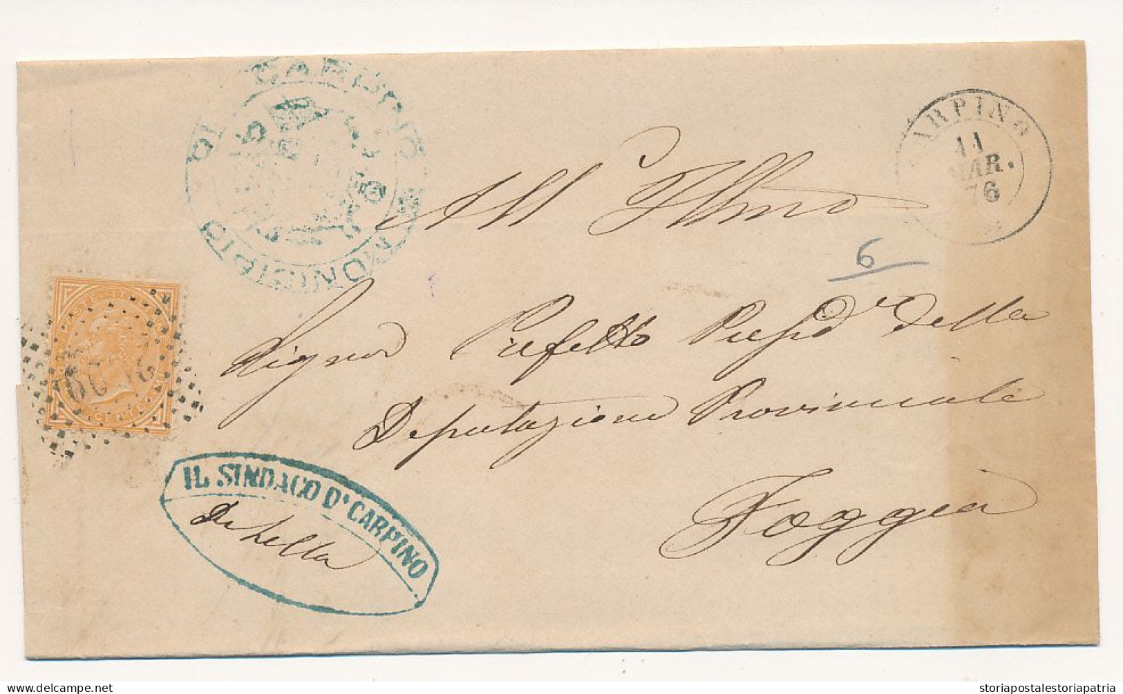 1876 ARPINO DOPPIO CERCHIO + NUMERALE A PUNTI  + FRIMA SINDACO - Storia Postale