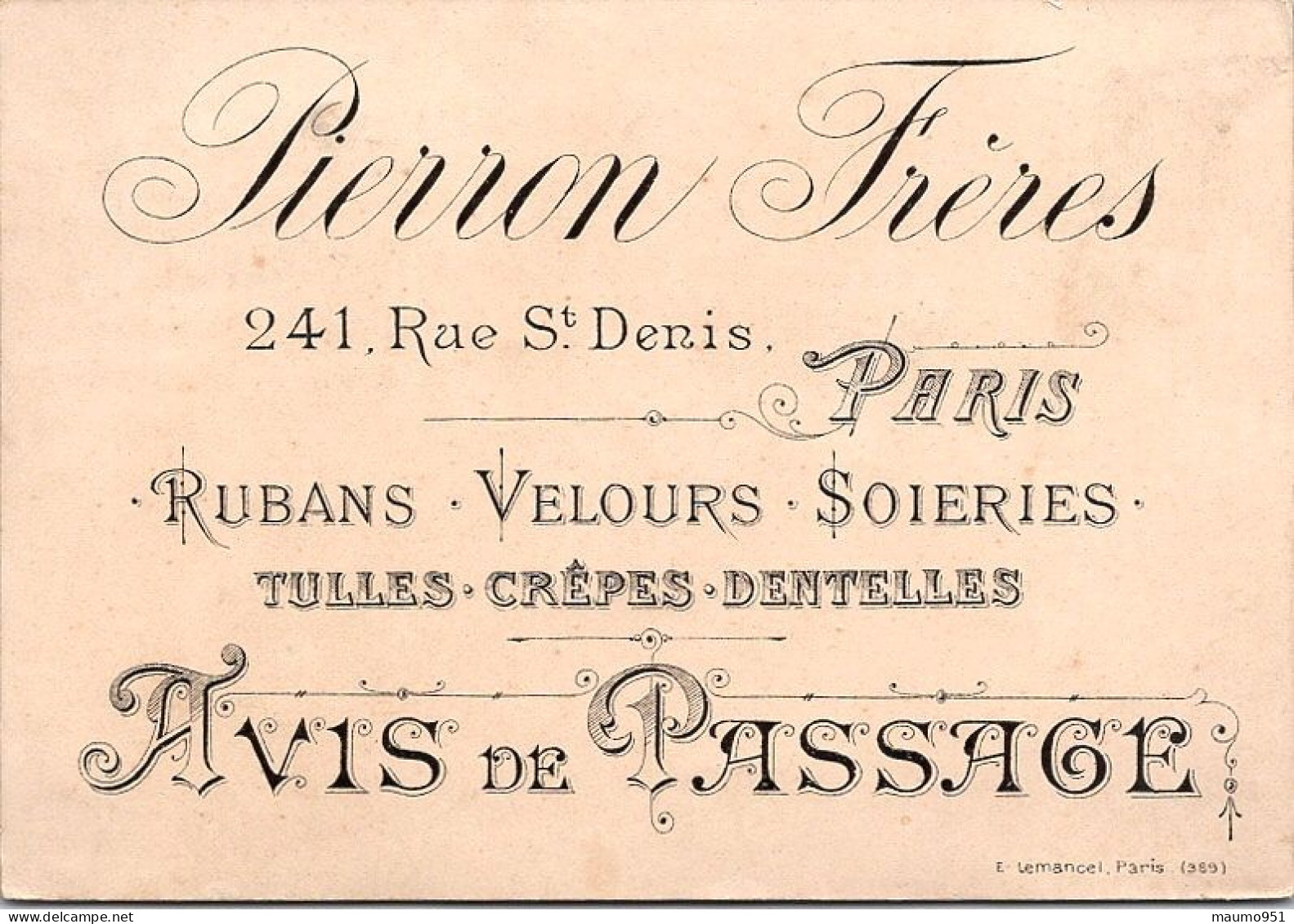 CARTE DE VISITE ET PUBLICIAIRE ANCIENNE -  RUBANS VELOURS SOIERIES - PARIS - Advertising