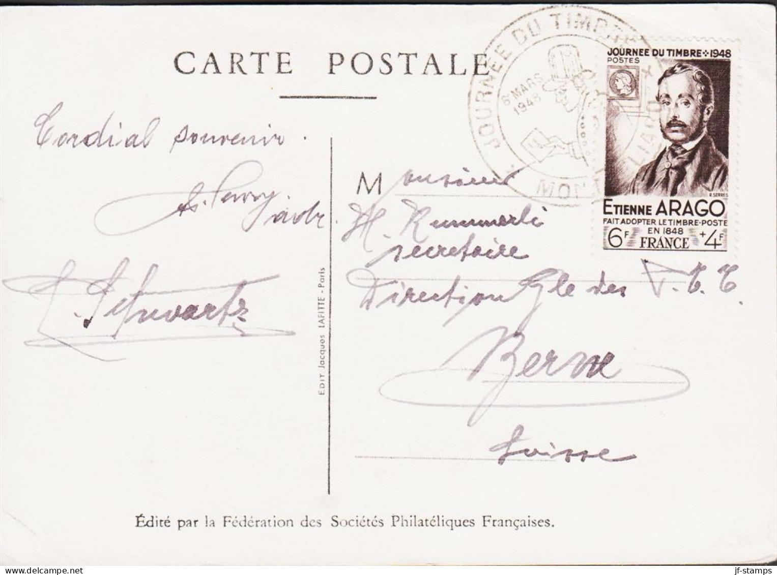 1948. REP. FRANCAISE. 6+4 F JOURNEE DU TIMBRE On Fine Motive FDC Card Cancelled JOURNEE DU TI... (Michel 812) - JF545767 - Storia Postale