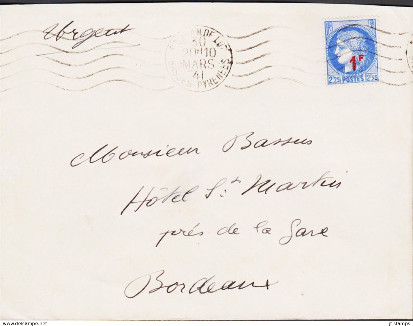 1941. REP. FRANCAISE. 1 F On 2F25 Ceres On Cover Cancelled ST. JEAN DE LUZ 30 MARS 41. (Michel 490) - JF545771 - Briefe U. Dokumente