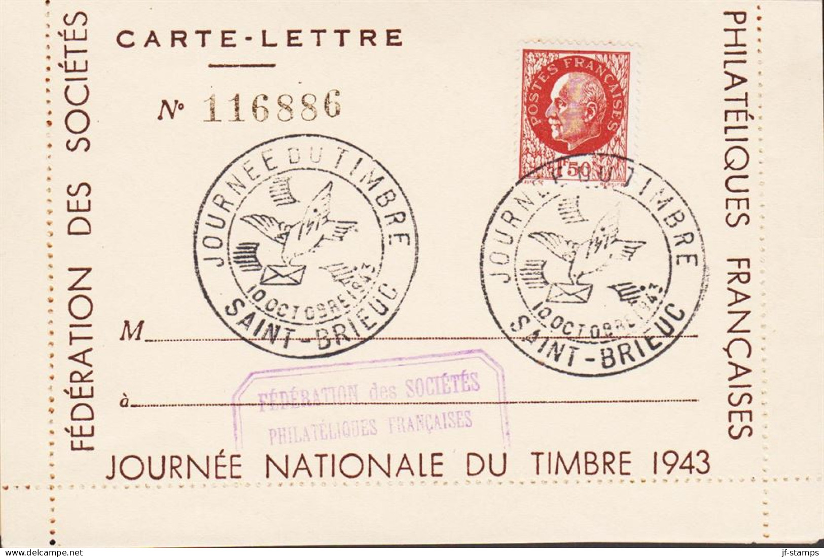 1943. REP. FRANCAISE. 1F50 Marschall Philippe Pétain On Fine CARTE LETTRE With Special Cancel... (Michel 524) - JF545774 - Covers & Documents
